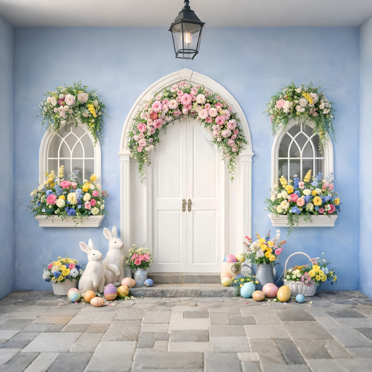 Ostern Foto Hintergrund Blauer Bogen Blumen Hase Tür Ostern Eier Hintergrund LXX512-129