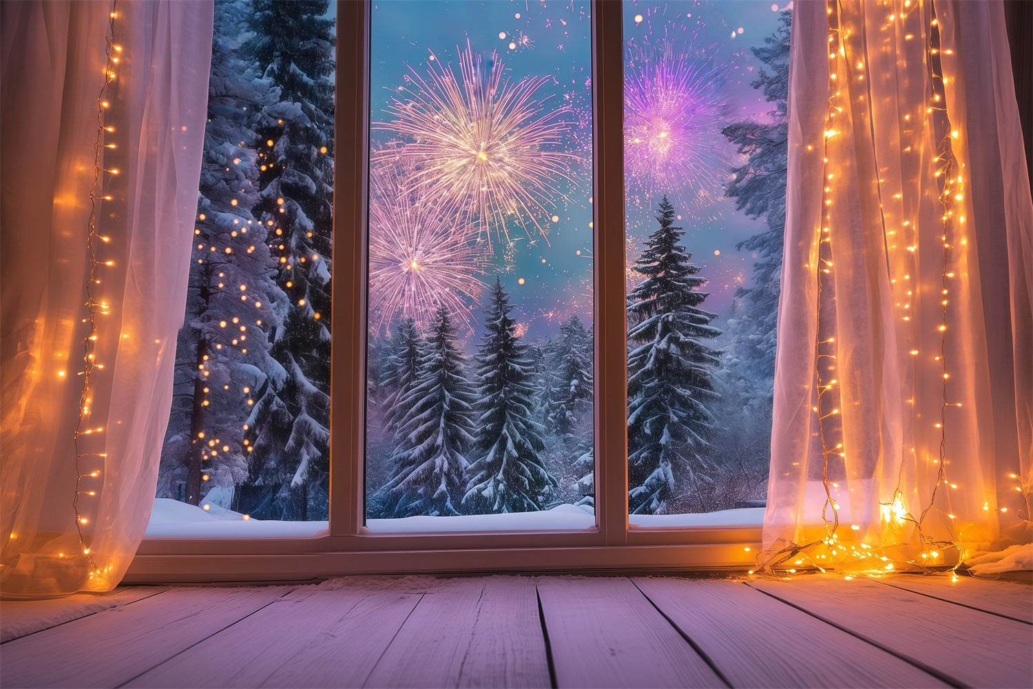 Neujahrs-Hintergrund Gemütliches Winterfenster Feuerwerk Silvester-Hintergrund LXX512-12