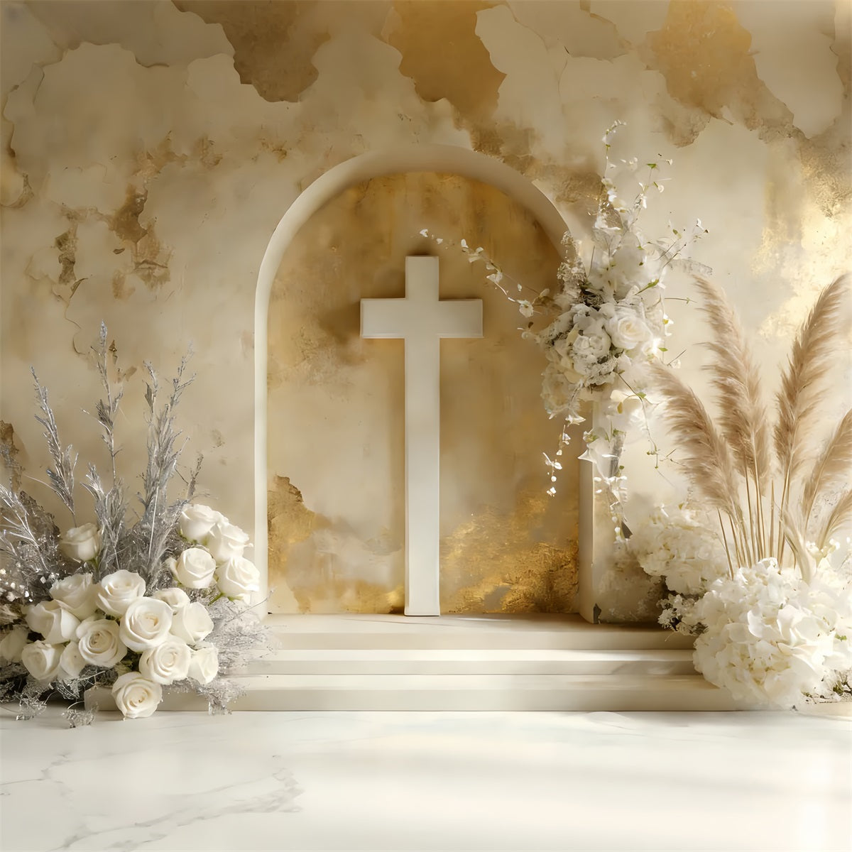 Kreuz Hintergrund Boho Stil Blumen Altar Rustikaler Ostern Hintergrund LXX512-130