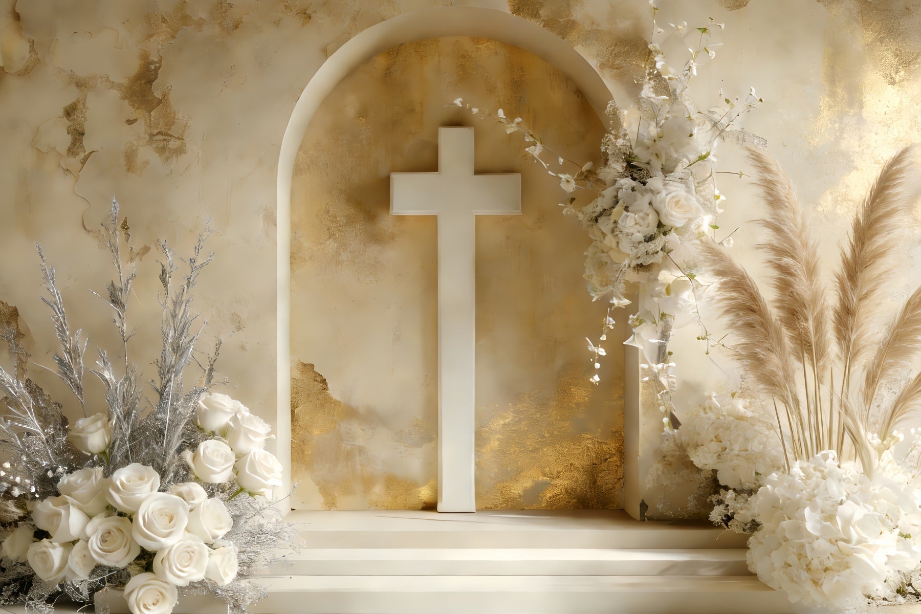 Kreuz Hintergrund Boho Stil Blumen Altar Rustikaler Ostern Hintergrund LXX512-130