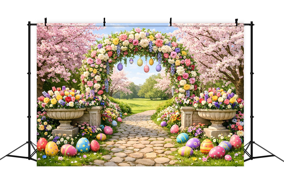 Hintergrund für Ostereiersuche Blütenbogen Gartenweg Osterblumen-Hintergrund LXX512-131