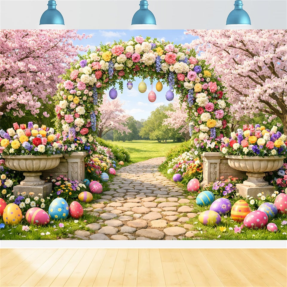 Hintergrund für Ostereiersuche Blütenbogen Gartenweg Osterblumen-Hintergrund LXX512-131