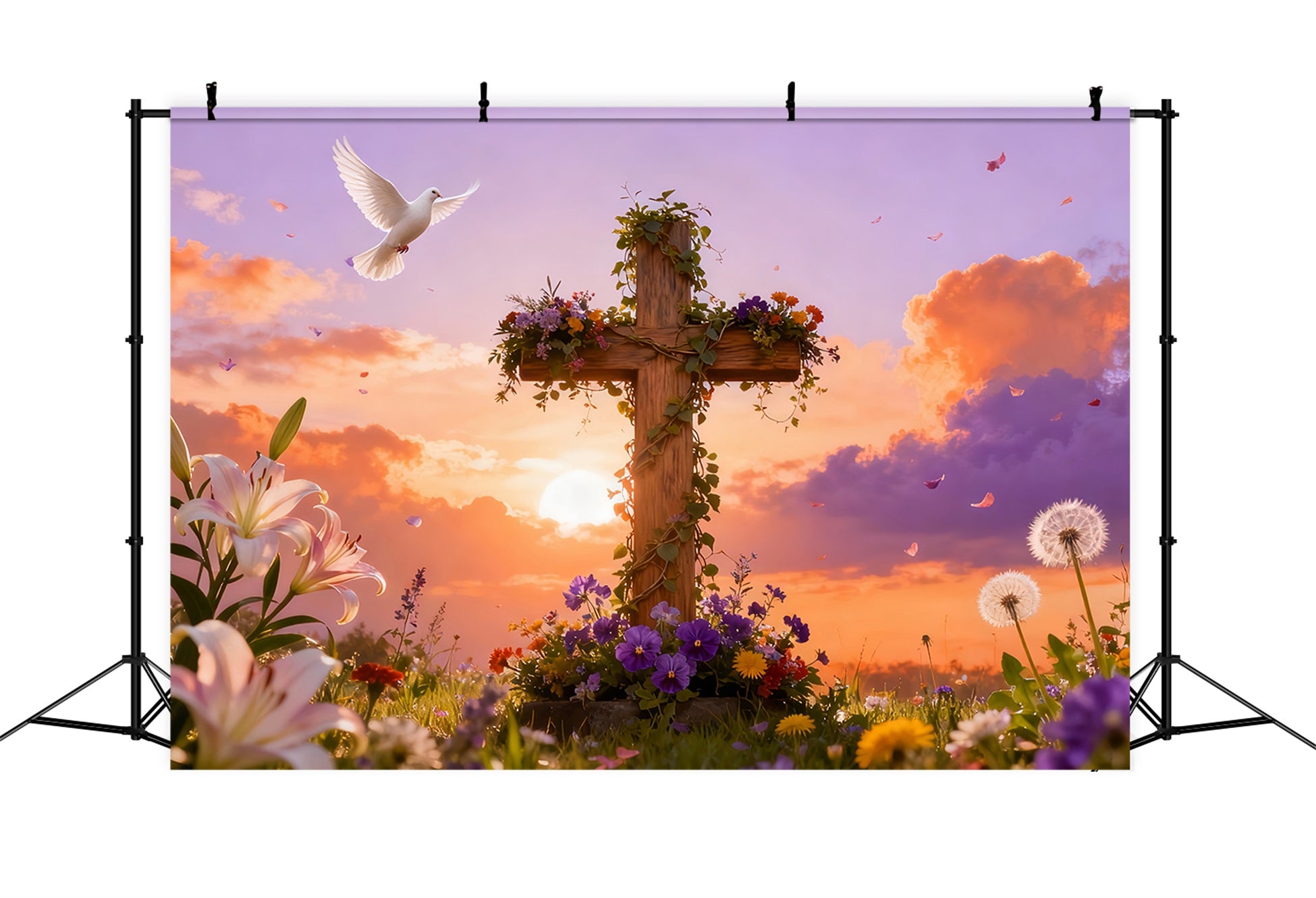 Kreuz-Hintergrund Auferstehung Singvögel Sonnenaufgang Wiese Osterkirche Foto-Hintergrund LXX512-132