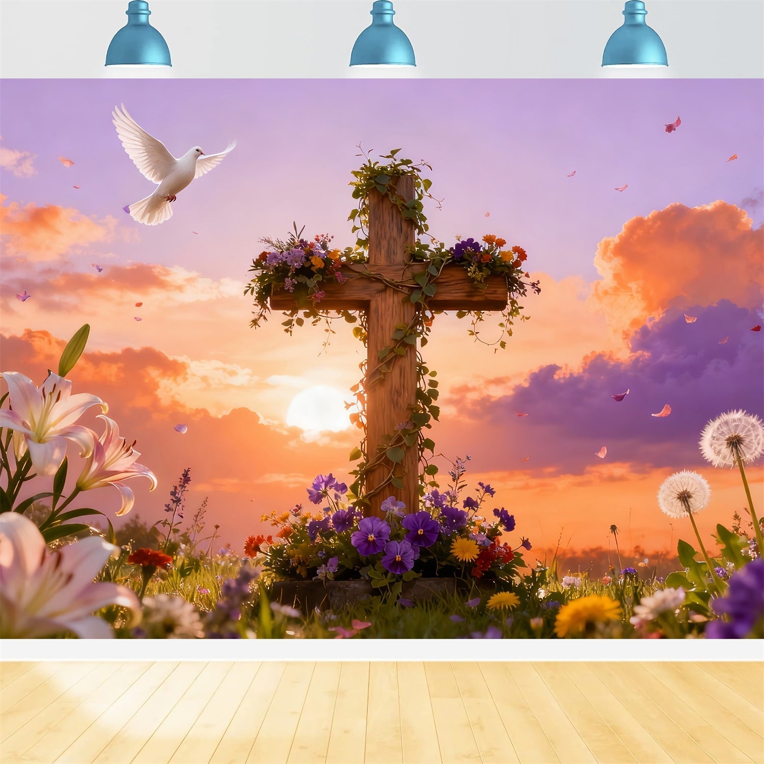 Kreuz-Hintergrund Auferstehung Singvögel Sonnenaufgang Wiese Osterkirche Foto-Hintergrund LXX512-132
