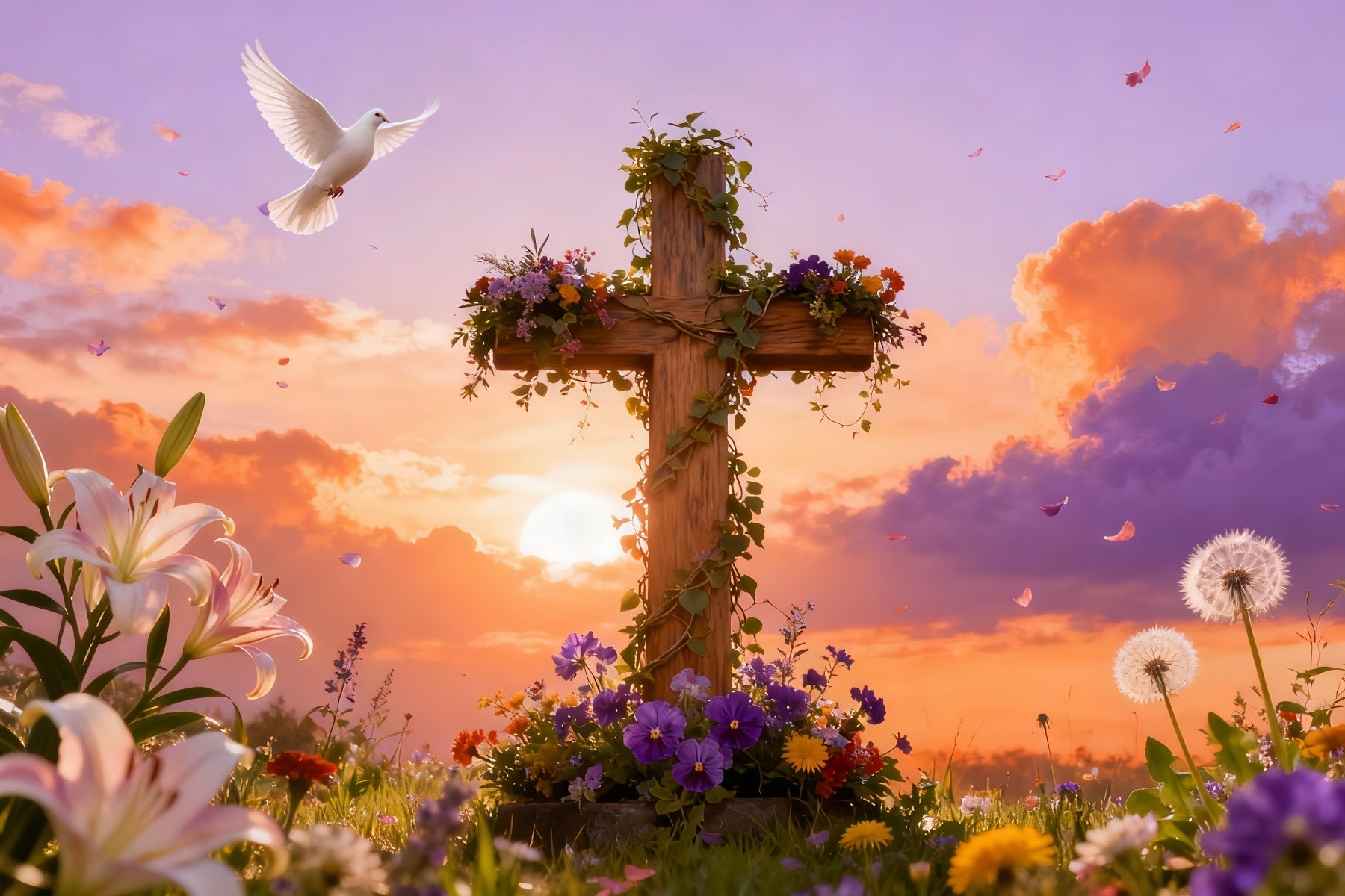Kreuz-Hintergrund Auferstehung Singvögel Sonnenaufgang Wiese Osterkirche Foto-Hintergrund LXX512-132