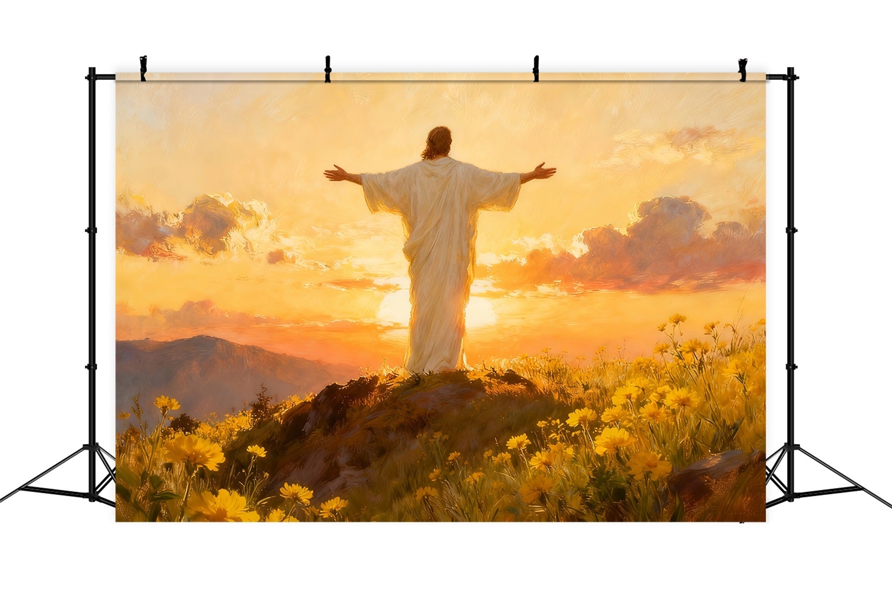 Kirche Oster-Hintergrund Auferstandener Christus Goldene Morgendämmerung Religiöse Oster-Hintergründe LXX512-133