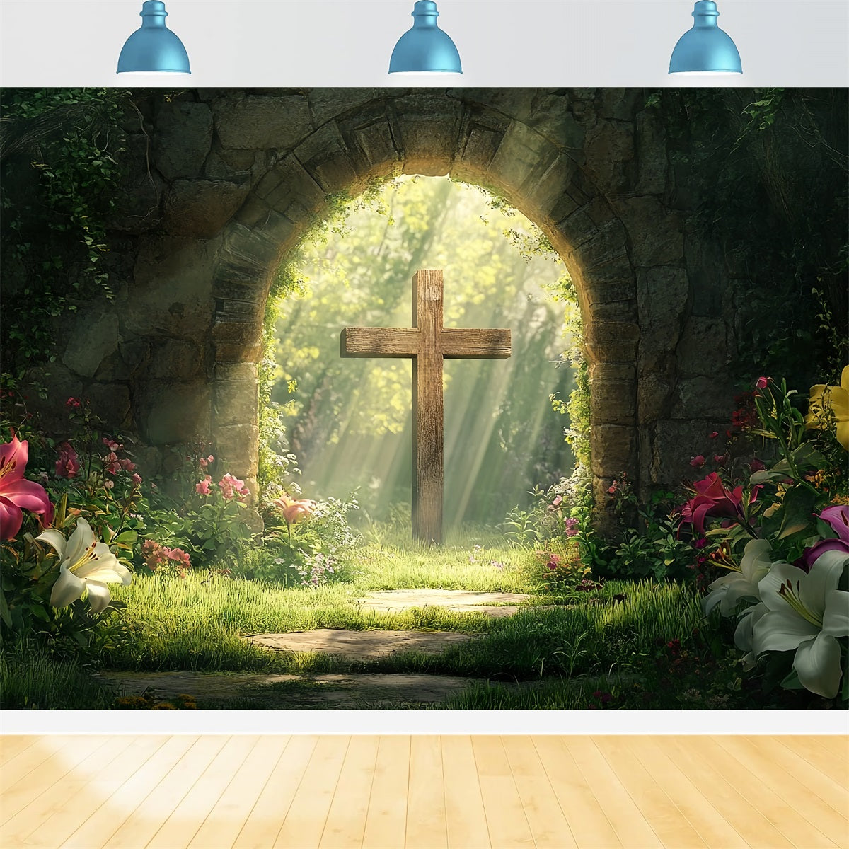 Kreuz-Hintergrund Wald Heiliger Steinbogen Oster-Foto-Hintergrund LXX512-134