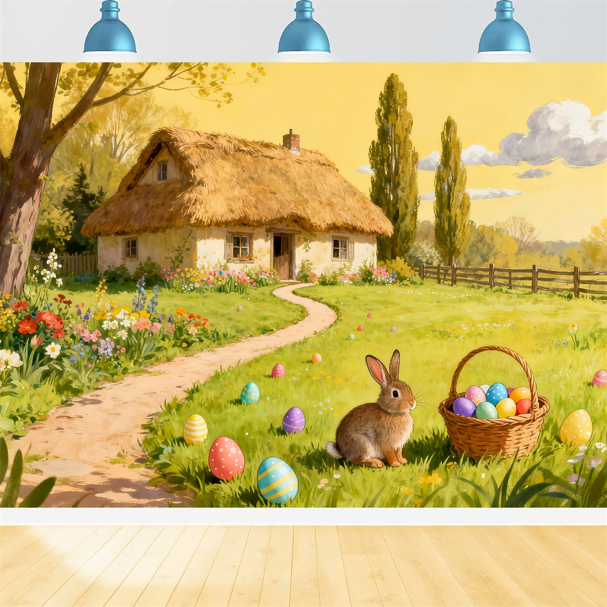 Hintergrund für Ostereiersuche Aquarell Ländliches Cottage Garten Hasen-Hintergrund LXX512-135
