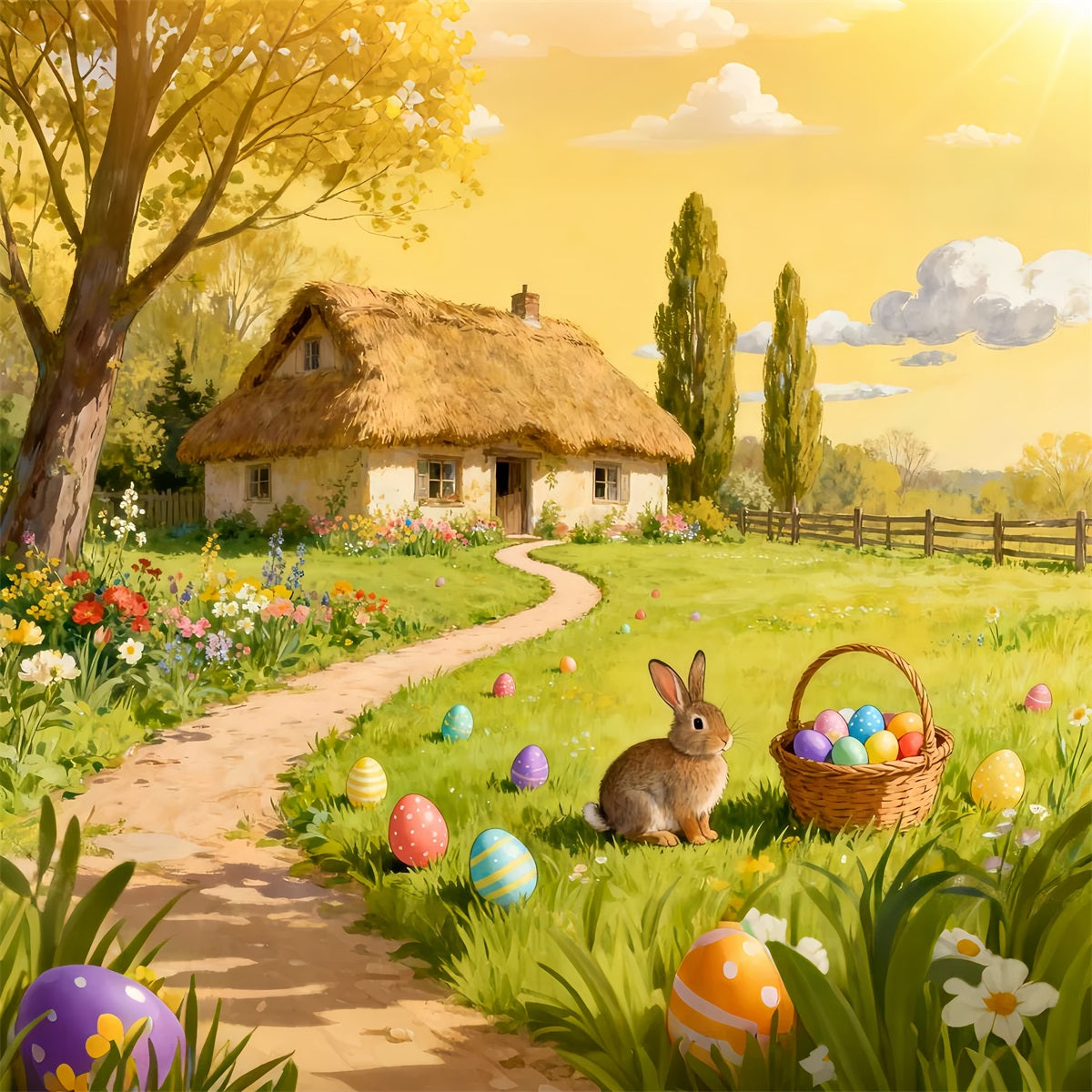 Hintergrund für Ostereiersuche Aquarell Ländliches Cottage Garten Hasen-Hintergrund LXX512-135