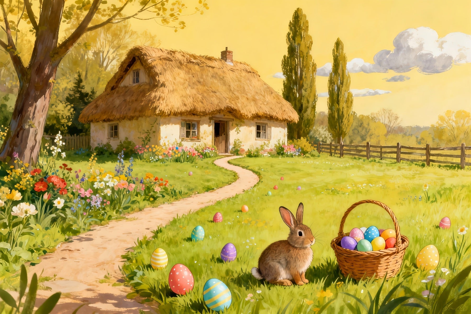 Hintergrund für Ostereiersuche Aquarell Ländliches Cottage Garten Hasen-Hintergrund LXX512-135