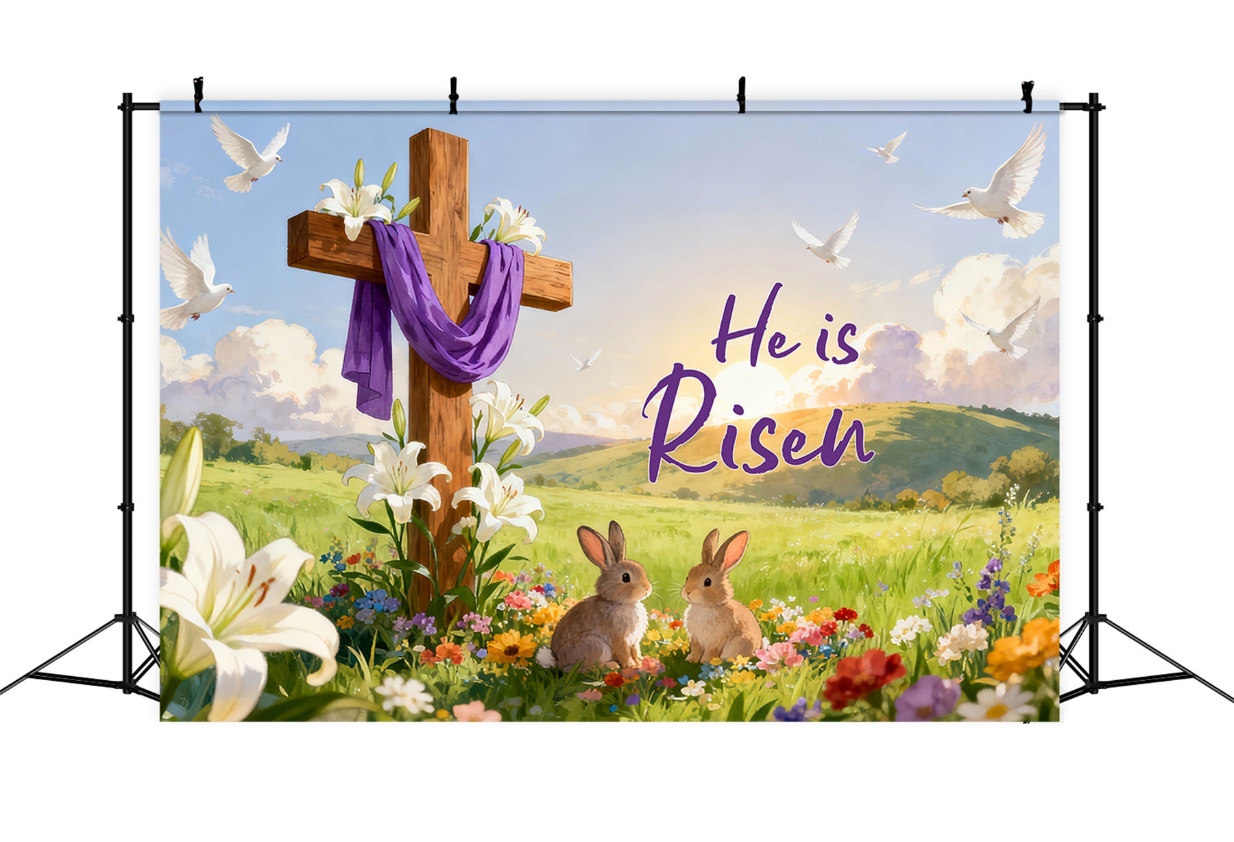 Er ist auferstanden Hintergrund Auferstehung Kreuz Wiesenhasen Religiöse Osterhintergründe LXX512-136