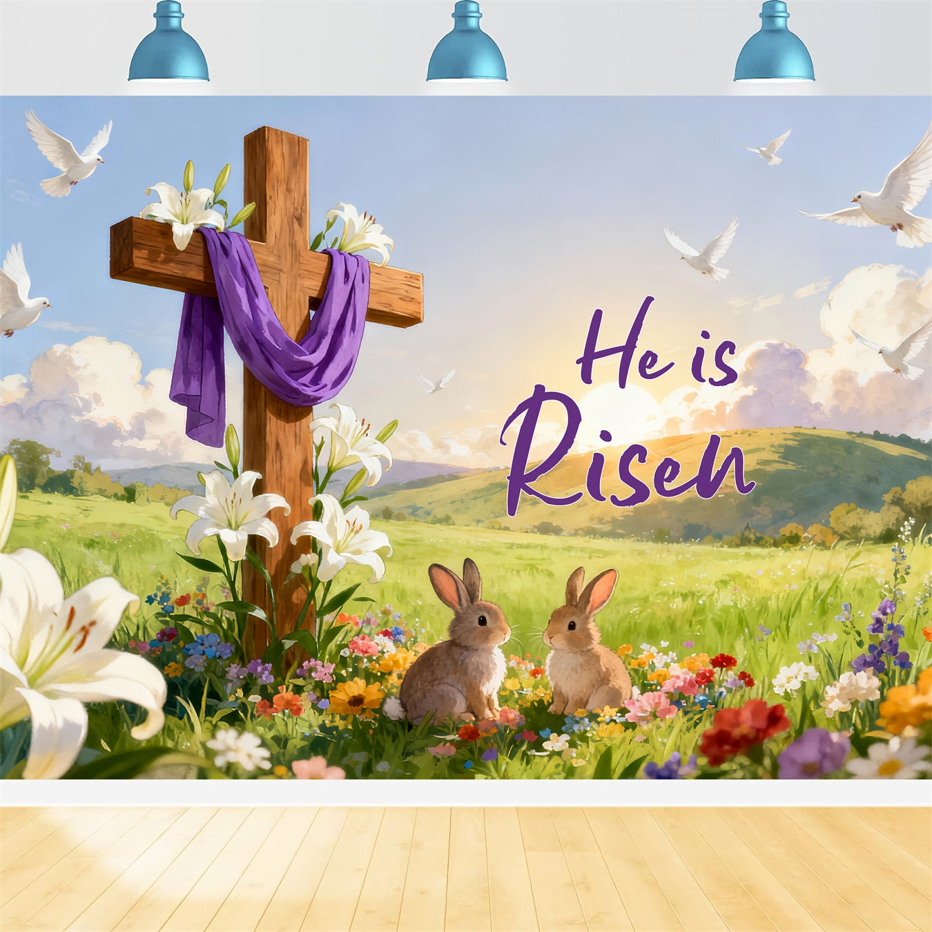 Er ist auferstanden Hintergrund Auferstehung Kreuz Wiesenhasen Religiöse Osterhintergründe LXX512-136