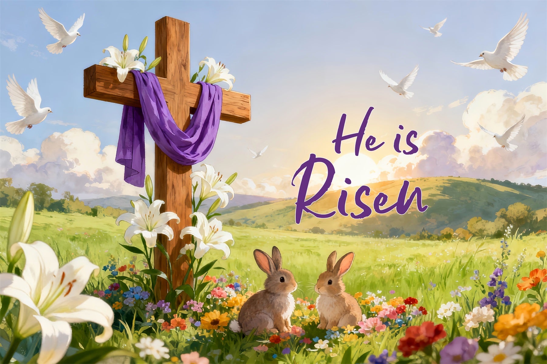 Er ist auferstanden Hintergrund Auferstehung Kreuz Wiesenhasen Religiöse Osterhintergründe LXX512-136