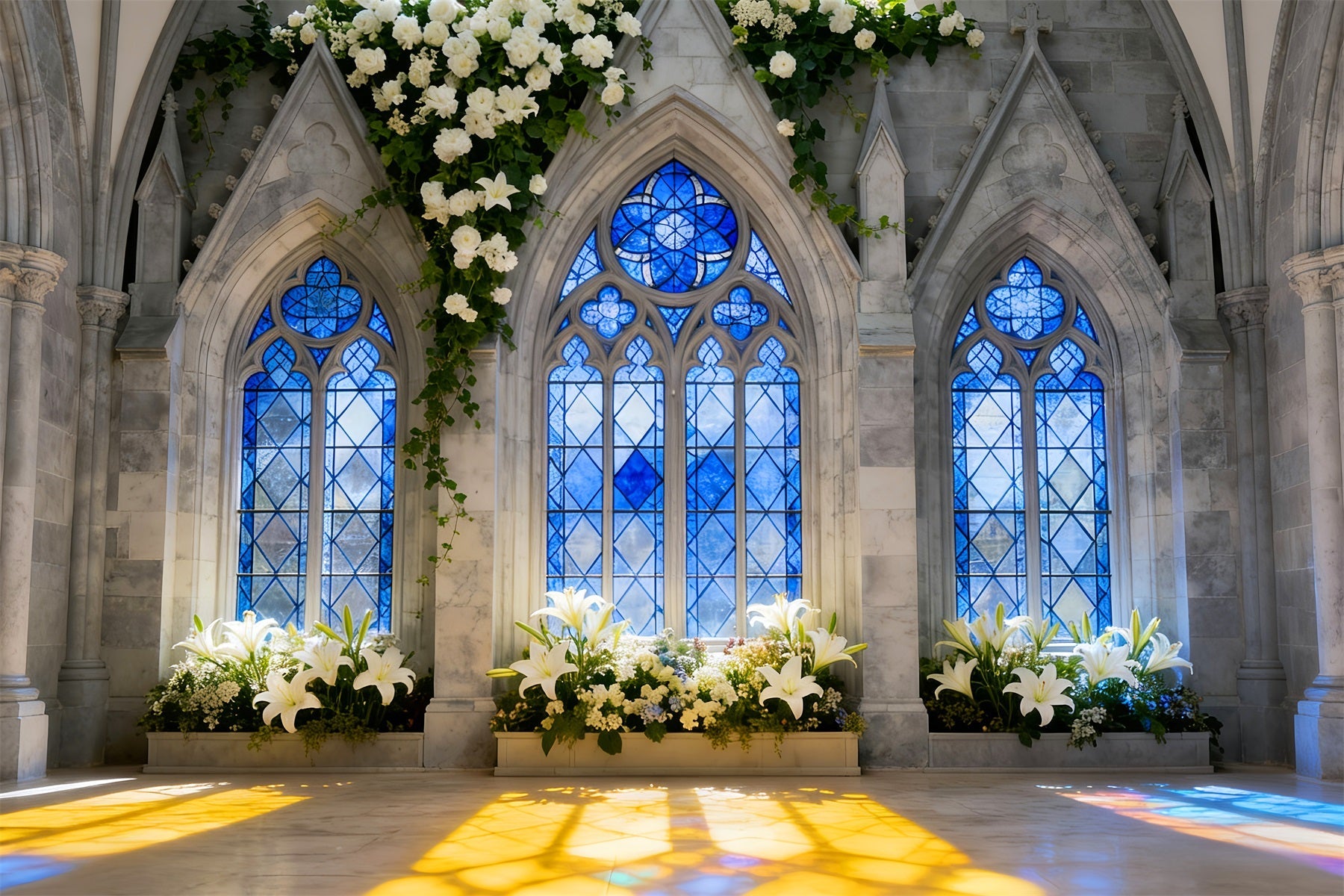 Kirche Osterhintergrund Gotisches blaues Fenster Lilie Licht Buntglas-Hintergrund LXX512-137