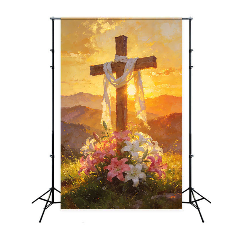 Religiöse Oster-Hintergründe Goldenes Blumenkreuz Sonnenaufgang Kirche Oster-Hintergrund LXX512-138