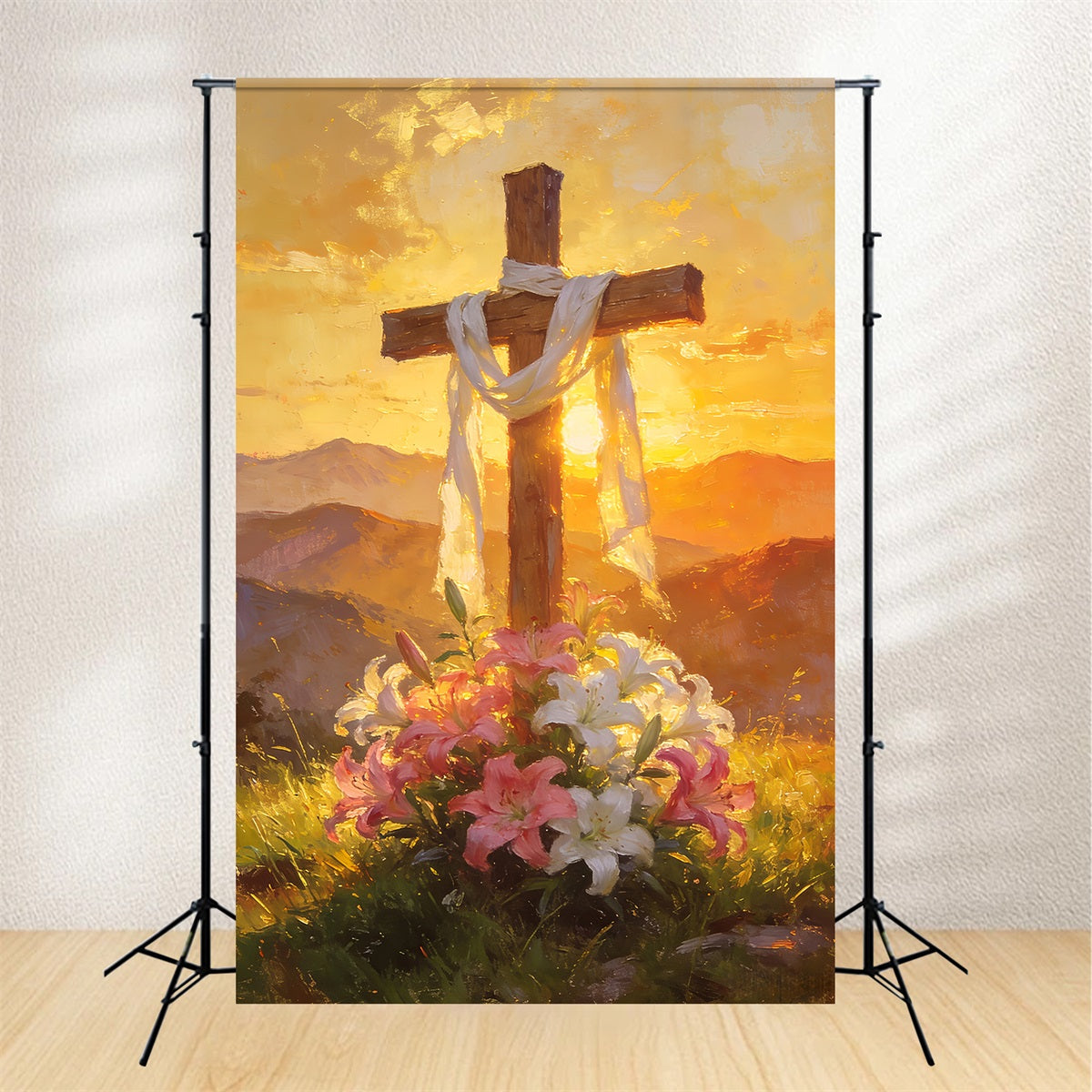 Religiöse Oster-Hintergründe Goldenes Blumenkreuz Sonnenaufgang Kirche Oster-Hintergrund LXX512-138