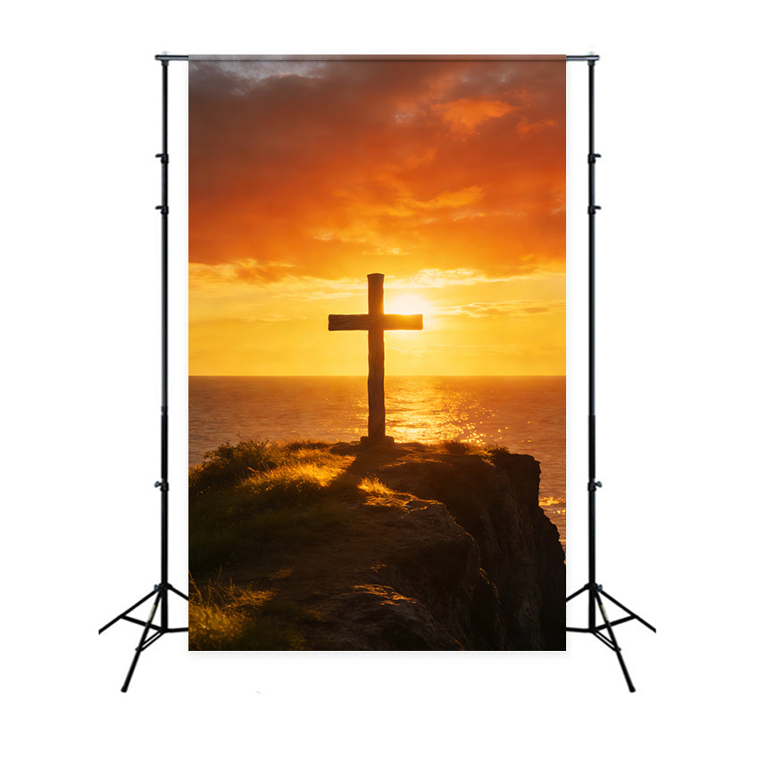 Kreuz-Hintergrund Ozean Horizont Sonnenuntergang Glühen Oster-Hintergründe für die Kirche LXX512-139