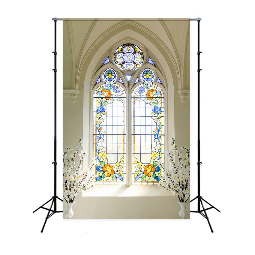 Buntglas-Hintergrund Kathedrale Gänseblümchen Bogenfenster Kirche Oster-Hintergrund LXX512-141