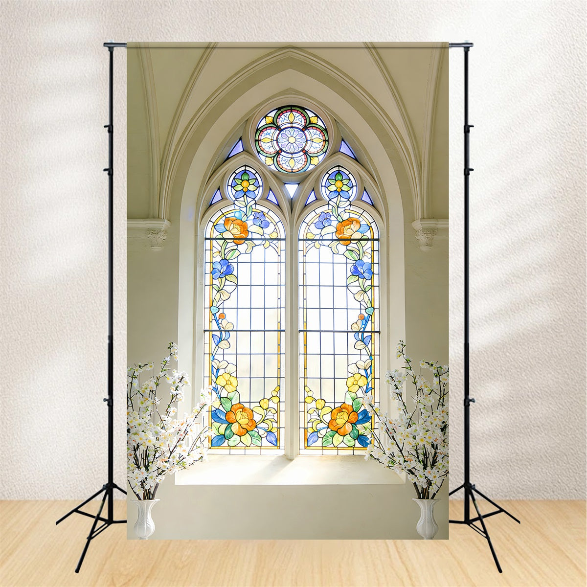 Buntglas-Hintergrund Kathedrale Gänseblümchen Bogenfenster Kirche Oster-Hintergrund LXX512-141