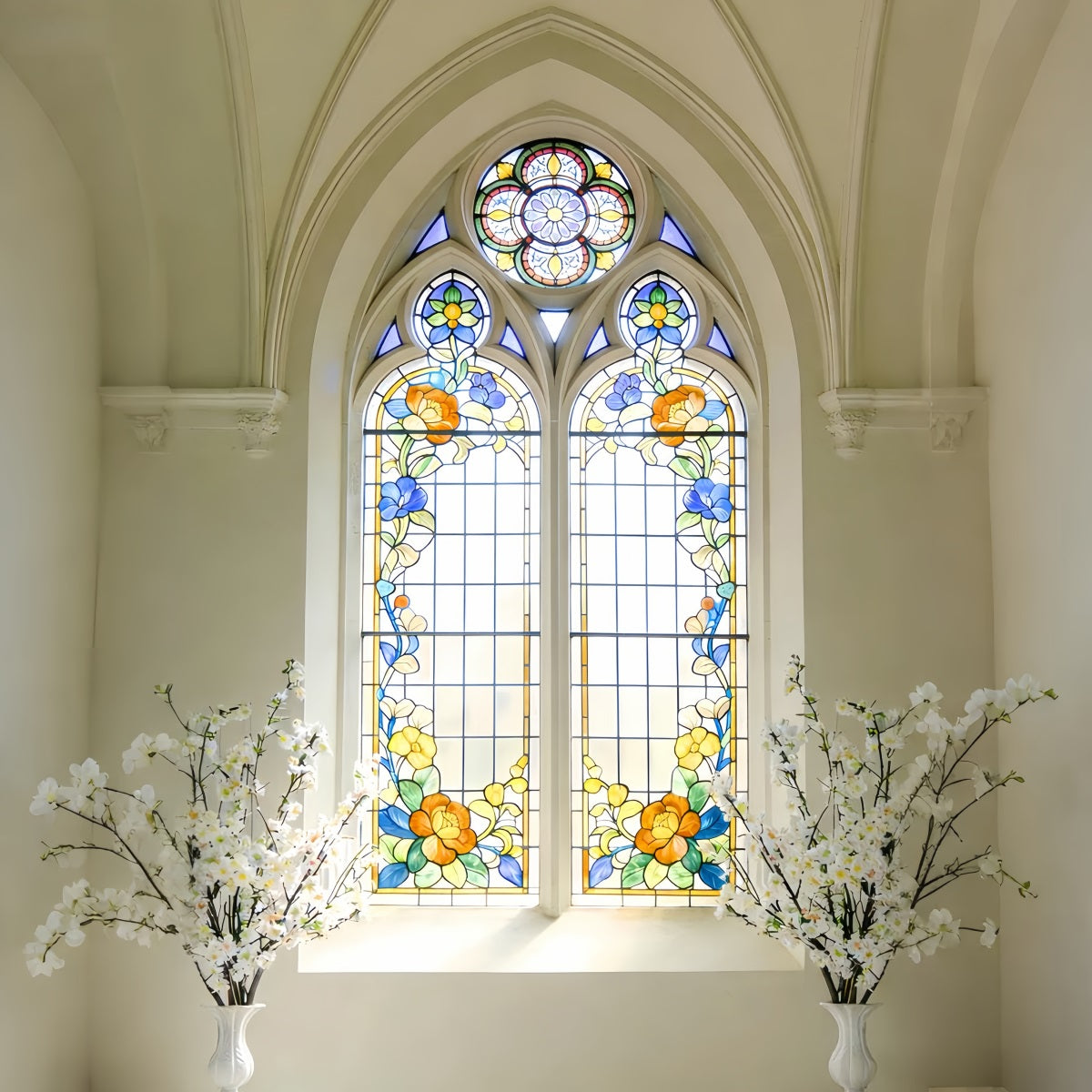 Buntglas-Hintergrund Kathedrale Gänseblümchen Bogenfenster Kirche Oster-Hintergrund LXX512-141