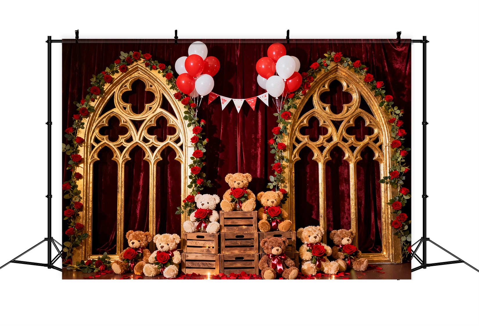 Romantischer Hintergrund Purpurrote Rosenballons Teddybär Blumenbogen Valentinstag-Hintergrund LXX512-142