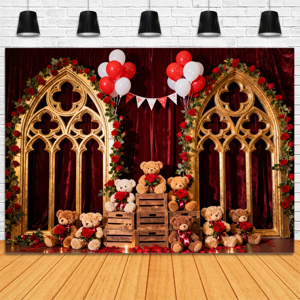 Romantischer Hintergrund Purpurrote Rosenballons Teddybär Blumenbogen Valentinstag-Hintergrund LXX512-142