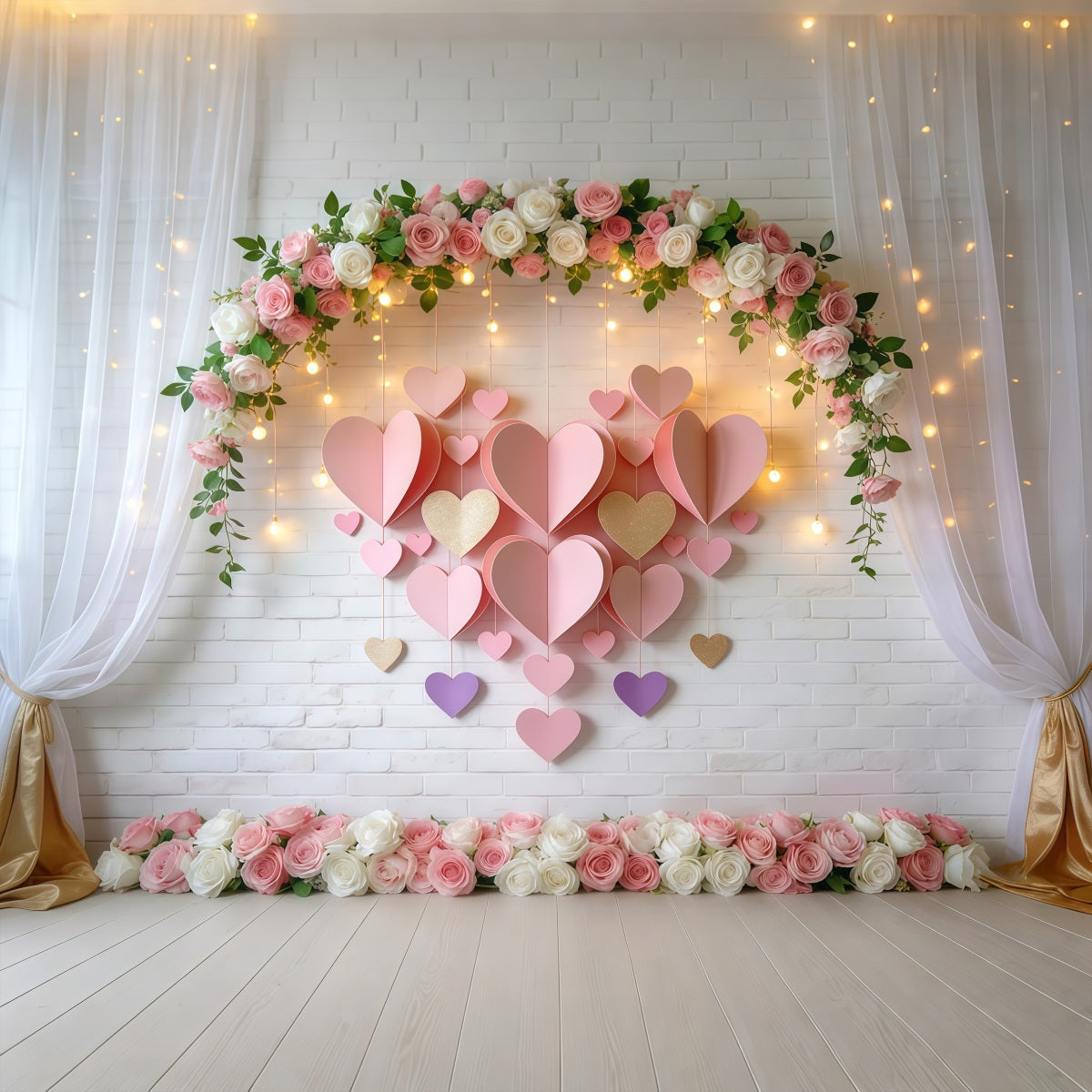 Valentinstag-Hintergrund Blush Blumenbogen Lichter Liebeshintergründe LXX512-144