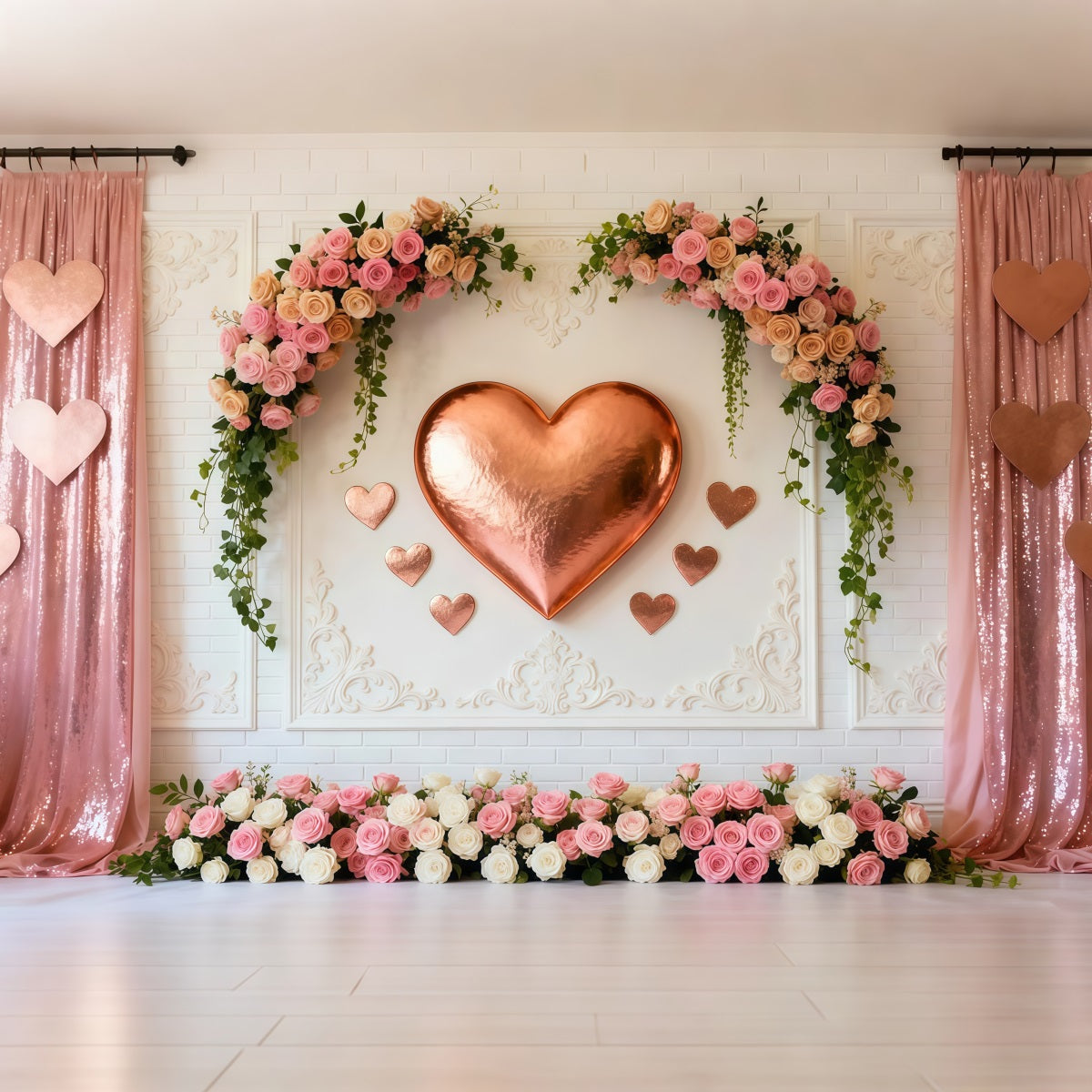 Rosa Herz-Hintergrund Roségold Herz Blumenwand Valentinstag-Hintergrund LXX512-147