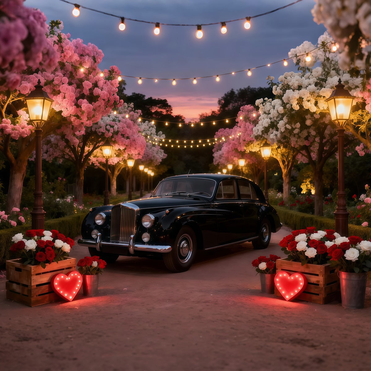 Valentinstag-Hintergrund Blüte Vintage-Truck Romantik Rote Rosen Hintergrund LXX512-151