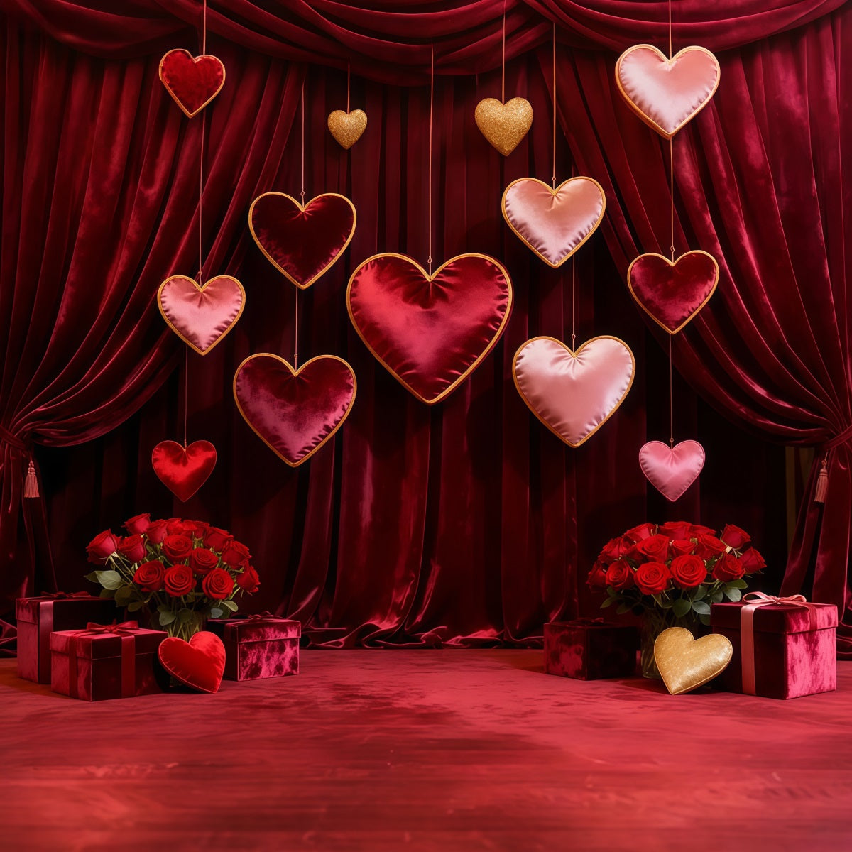 Valentinstag-Fotohintergrund Samtbehangene hängende Herzen Roter Rosen-Hintergrund LXX512-161
