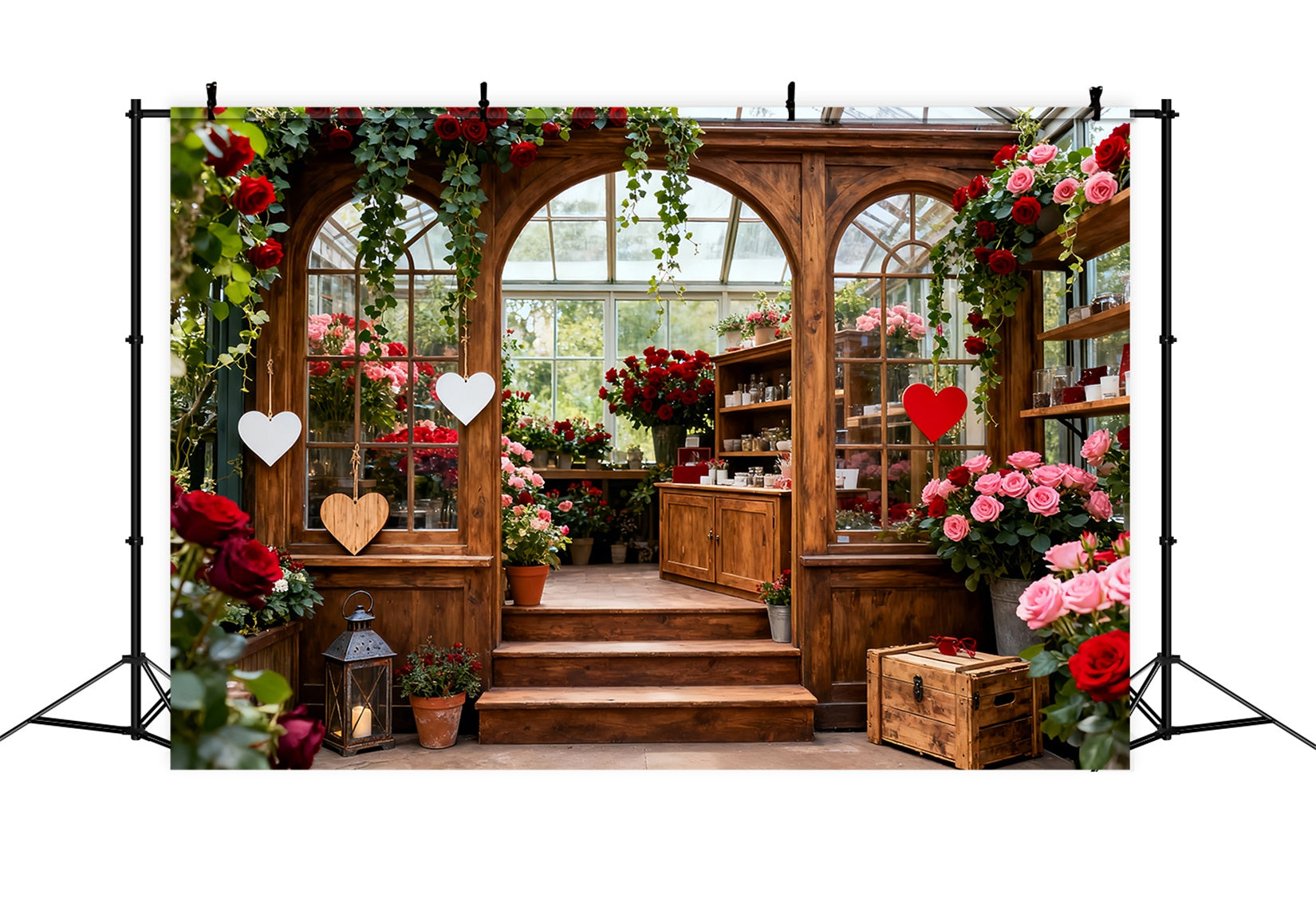 Rustikaler Bauernhof Valentinstag-Hintergrund Garten Gewächshaus Romantik Roter Rosen-Hintergrund LXX512-163