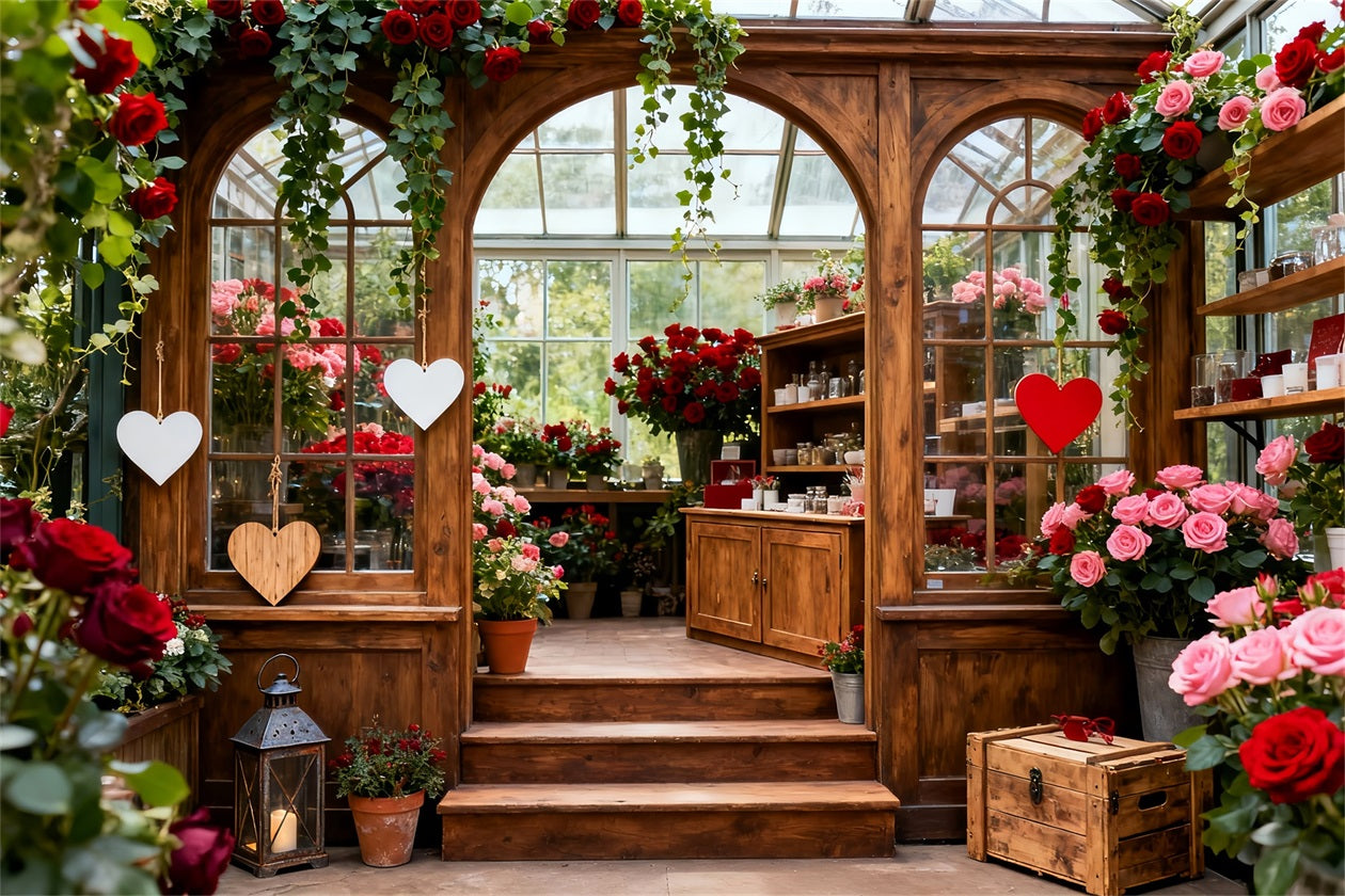 Rustikaler Bauernhof Valentinstag-Hintergrund Garten Gewächshaus Romantik Roter Rosen-Hintergrund LXX512-163