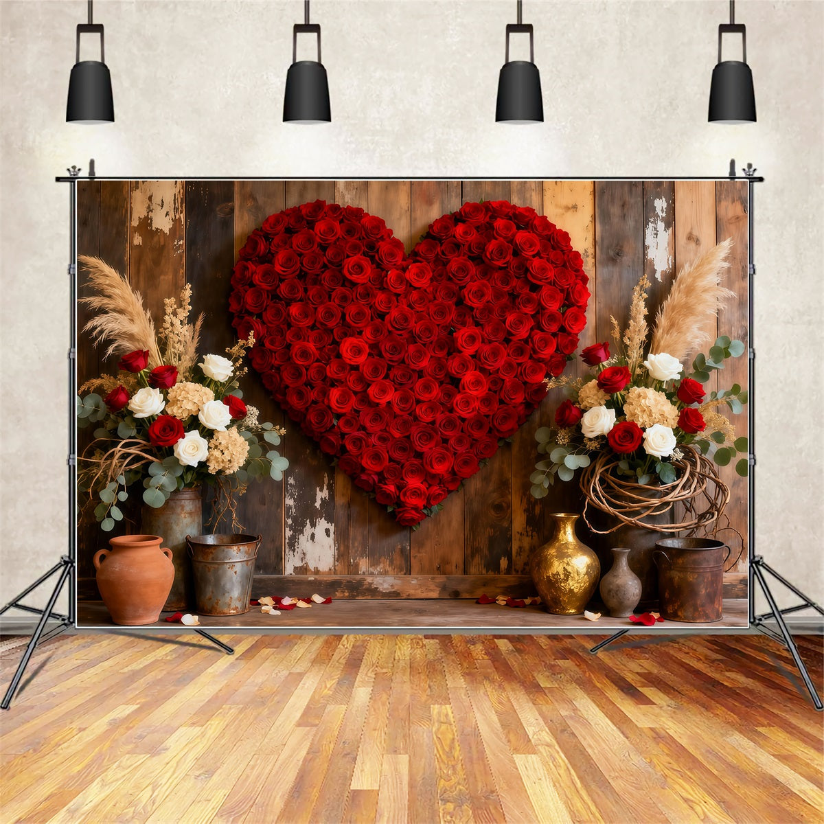 Herz-Blumen-Hintergrund Holztür Roter Rosen-Valentinstag-Hintergrund LXX512-165