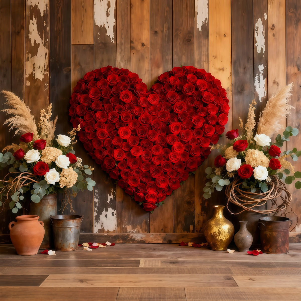 Herz-Blumen-Hintergrund Holztür Roter Rosen-Valentinstag-Hintergrund LXX512-165