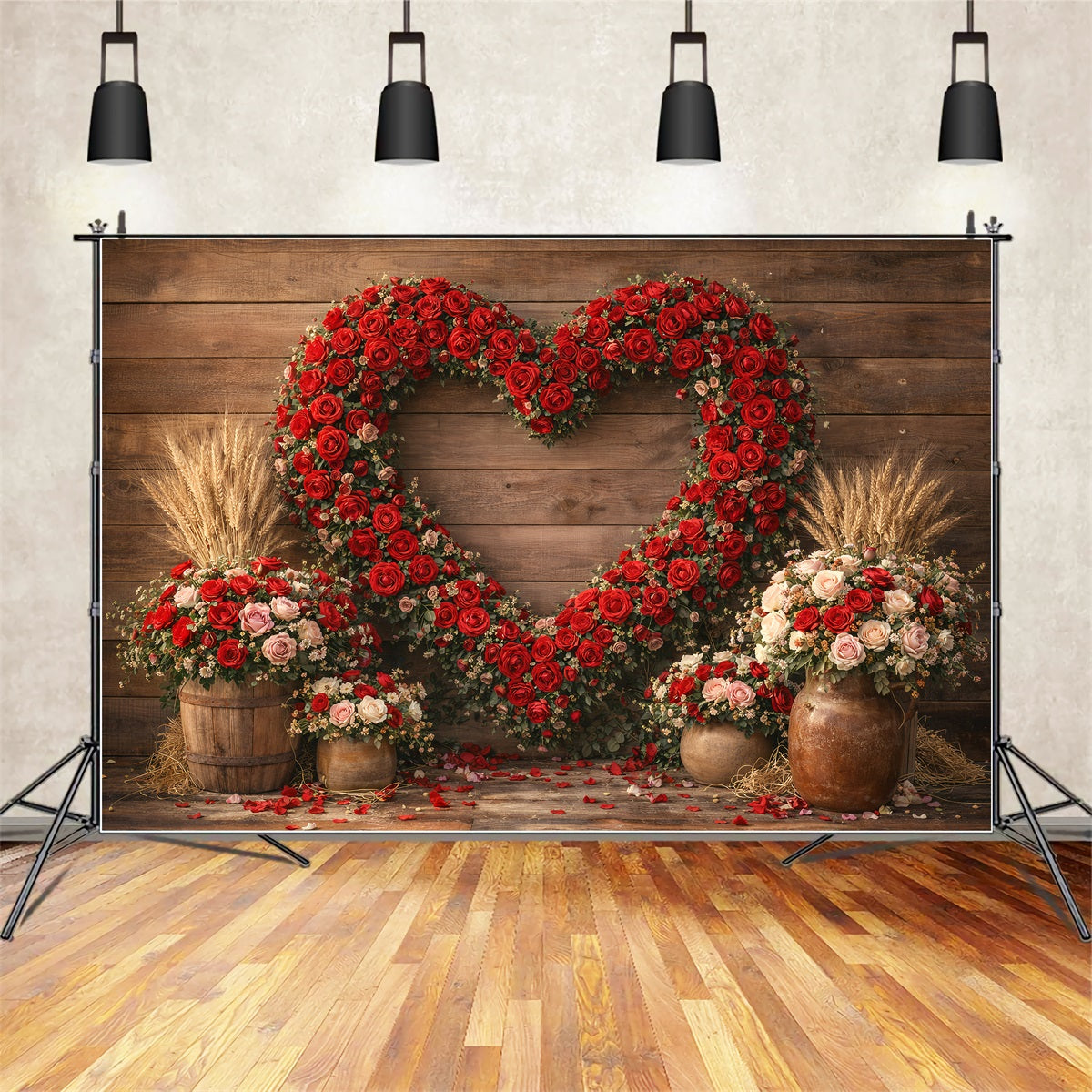 Valentinstag-Hintergrund Rustikale Rose Herz Scheune Wand Herzblumen-Hintergrund LXX512-166