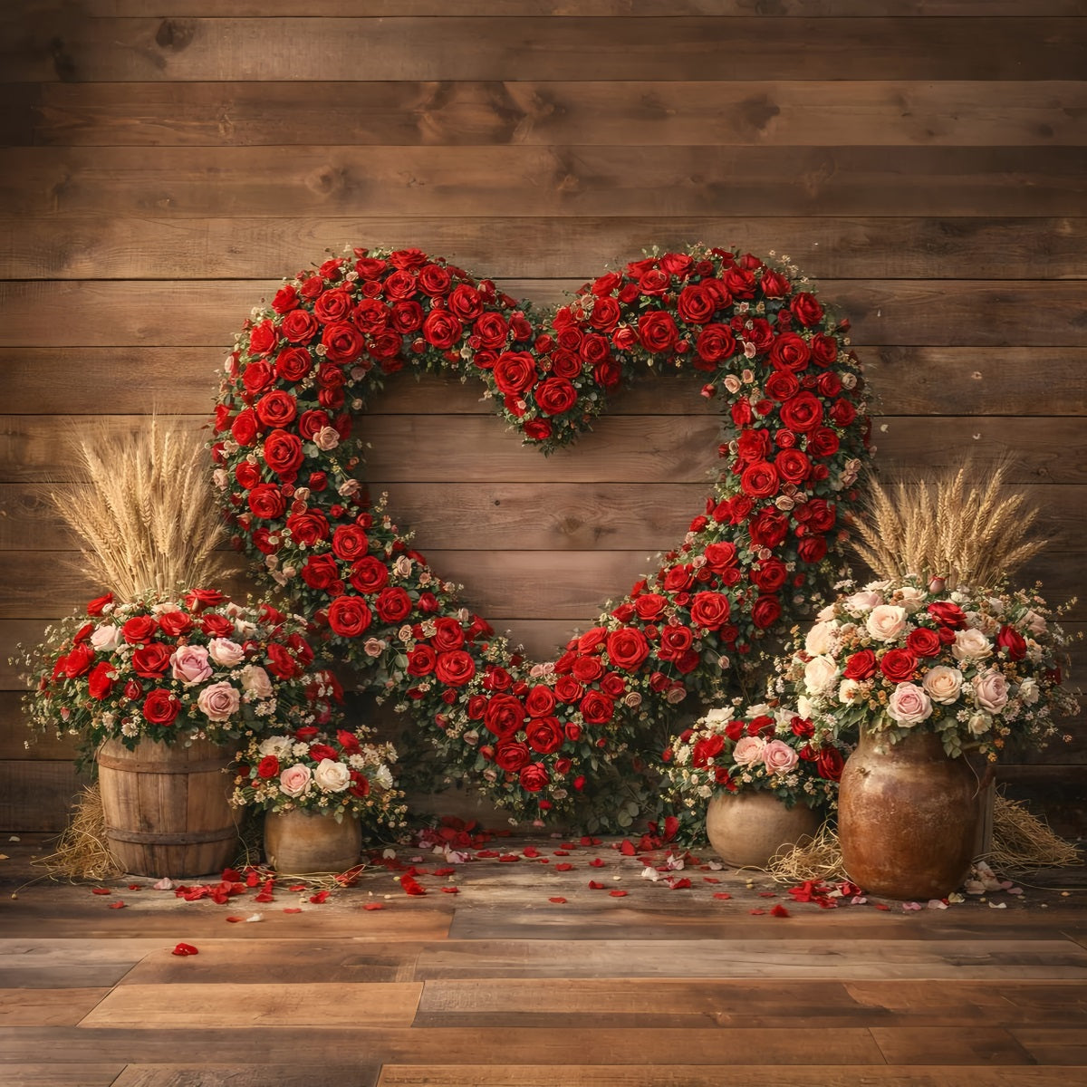 Valentinstag-Hintergrund Rustikale Rose Herz Scheune Wand Herzblumen-Hintergrund LXX512-166