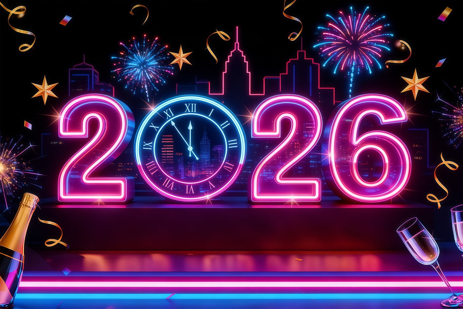 Neujahrshintergrund 2026 Neonlichter Countdown Stadt Silvester Hintergrund LXX512-21
