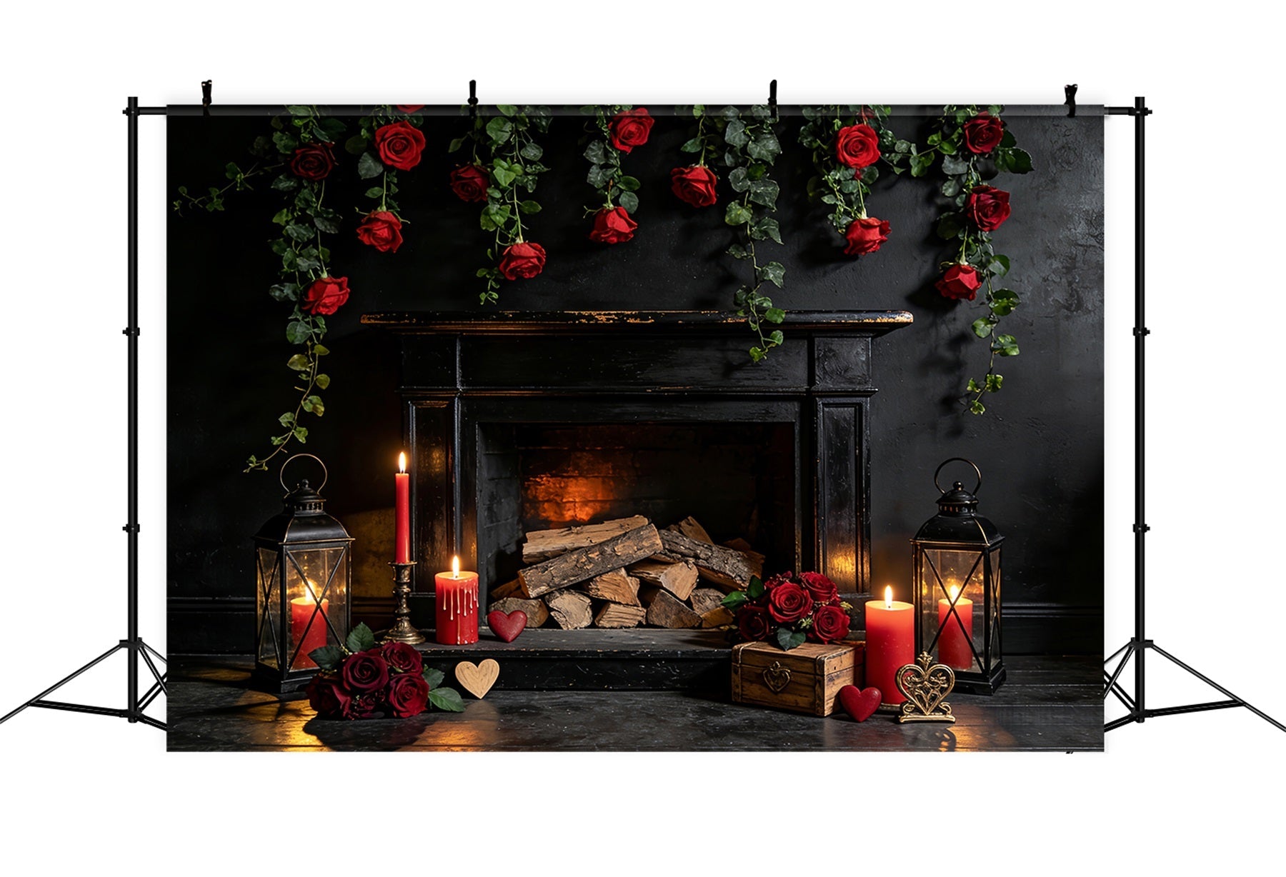 Valentinstag-Hintergrund Rote Rosen Kerzenzimmer Kamin Valentinstag-Hintergrund LXX512-48