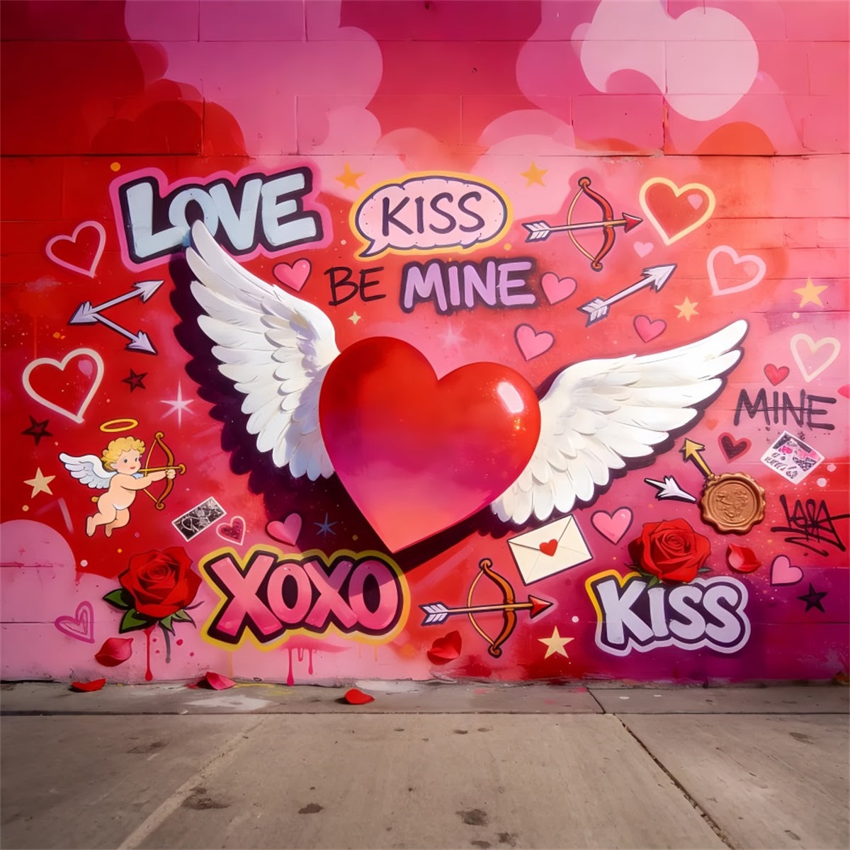 Cupido-Hintergrund Liebe XOXO Geflügeltes Herz Graffiti-Wand Valentinstag-Hintergrund LXX512-50