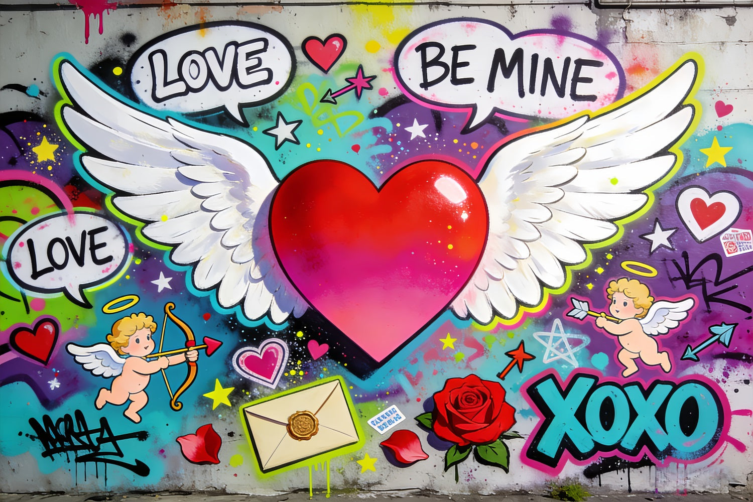 XOXO-Hintergrund Graffiti Liebe Geflügeltes Herz Cupido-Hintergrund LXX512-51