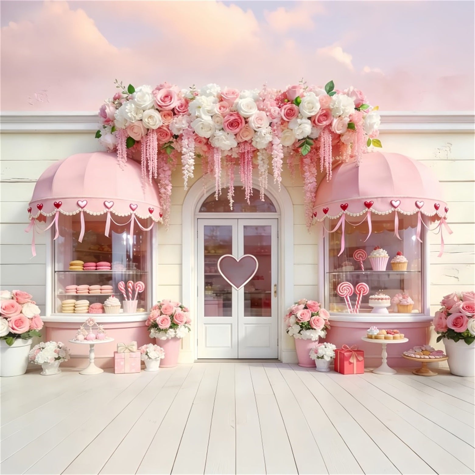 Süßwarenladen Valentinstag-Hintergrund Blumenbögen Herz Rosa Valentinstag-Hintergrund LXX512-52