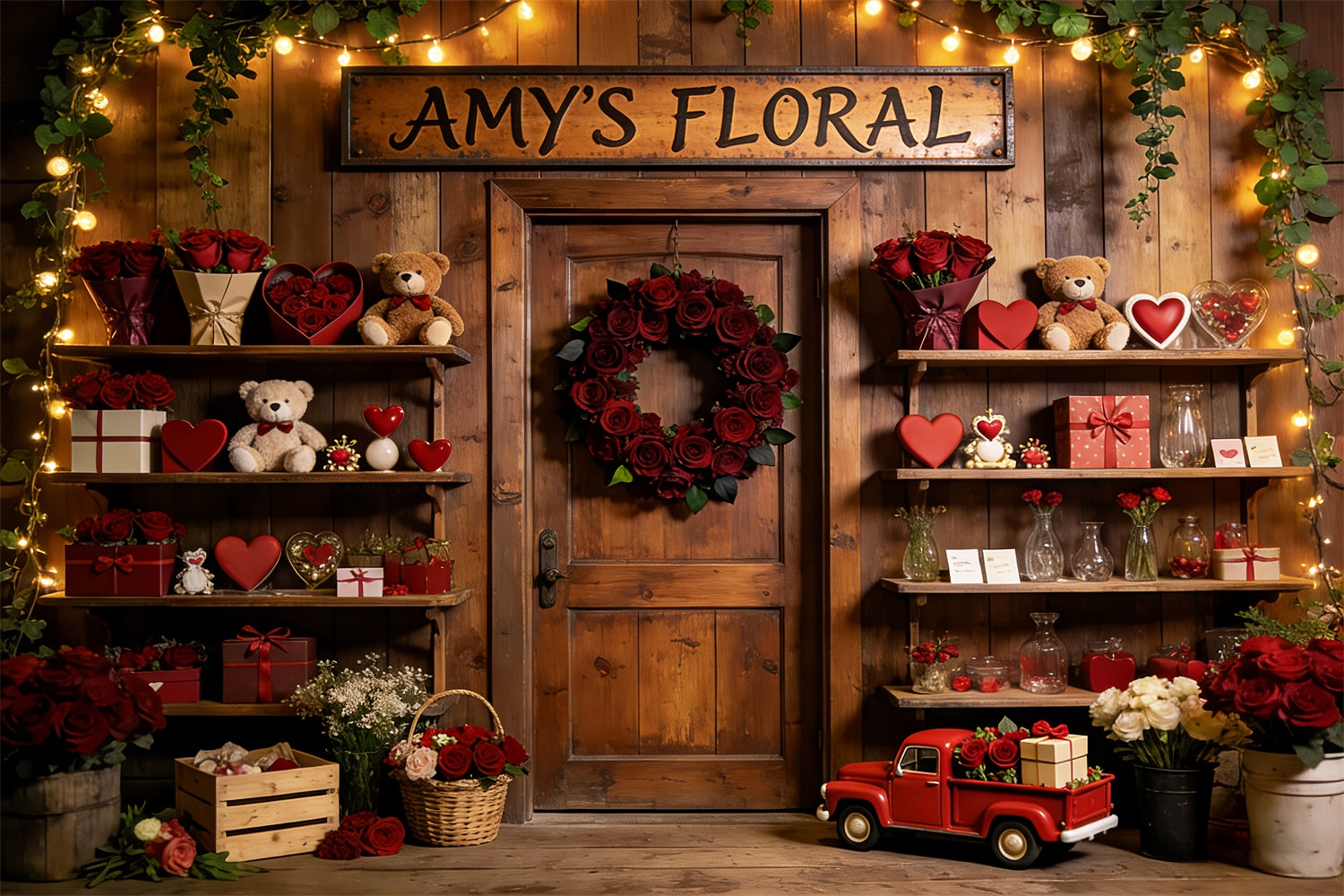 Teddybären Valentinstag-Hintergrund Rustikaler Blumenladen Romantischer Hintergrund LXX512-57