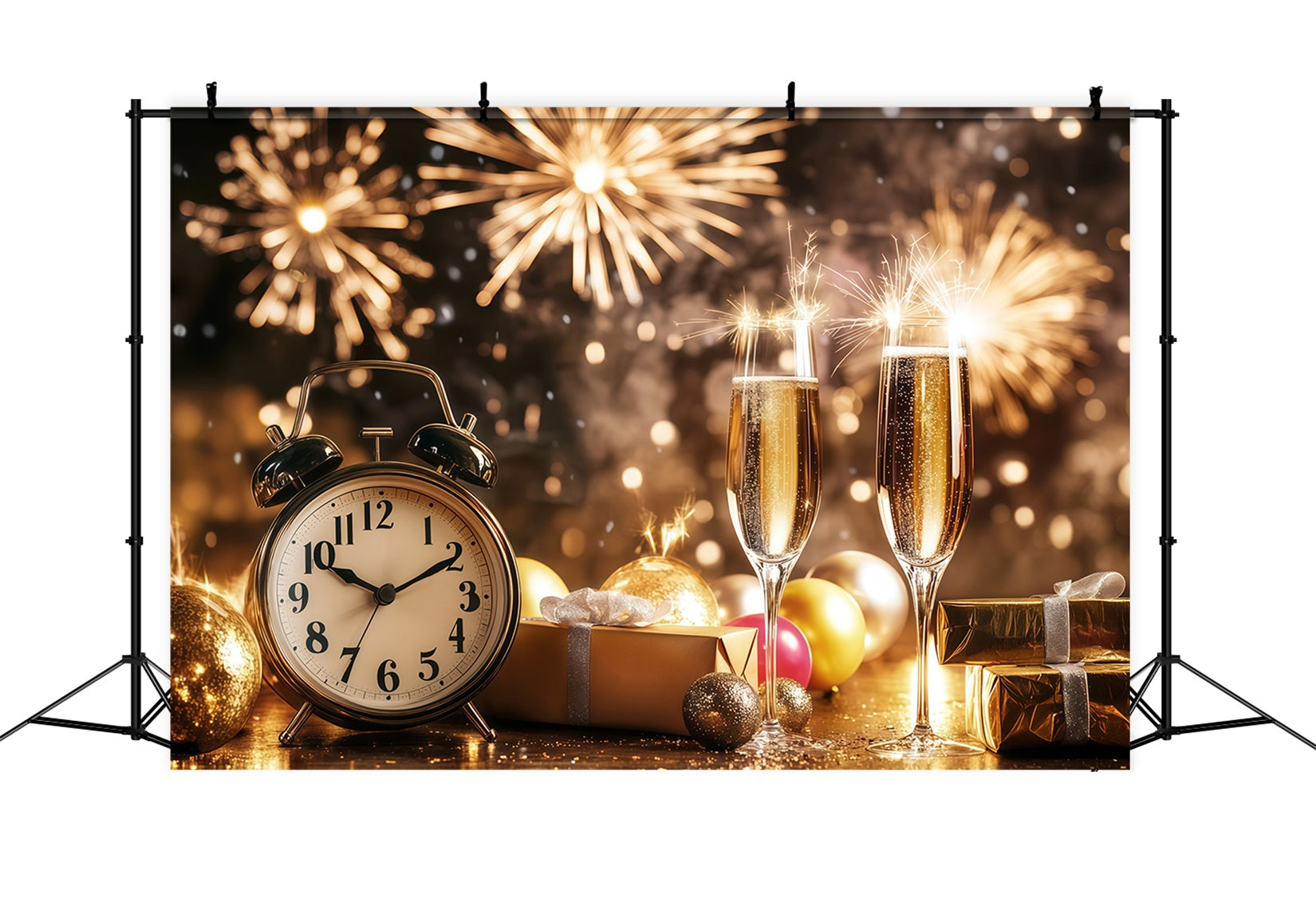 Neujahrs-Hintergründe Champagner Countdown-Uhr Feuerwerk Goldglitzer-Hintergrund LXX512-7