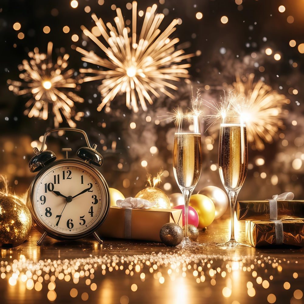 Neujahrs-Hintergründe Champagner Countdown-Uhr Feuerwerk Goldglitzer-Hintergrund LXX512-7