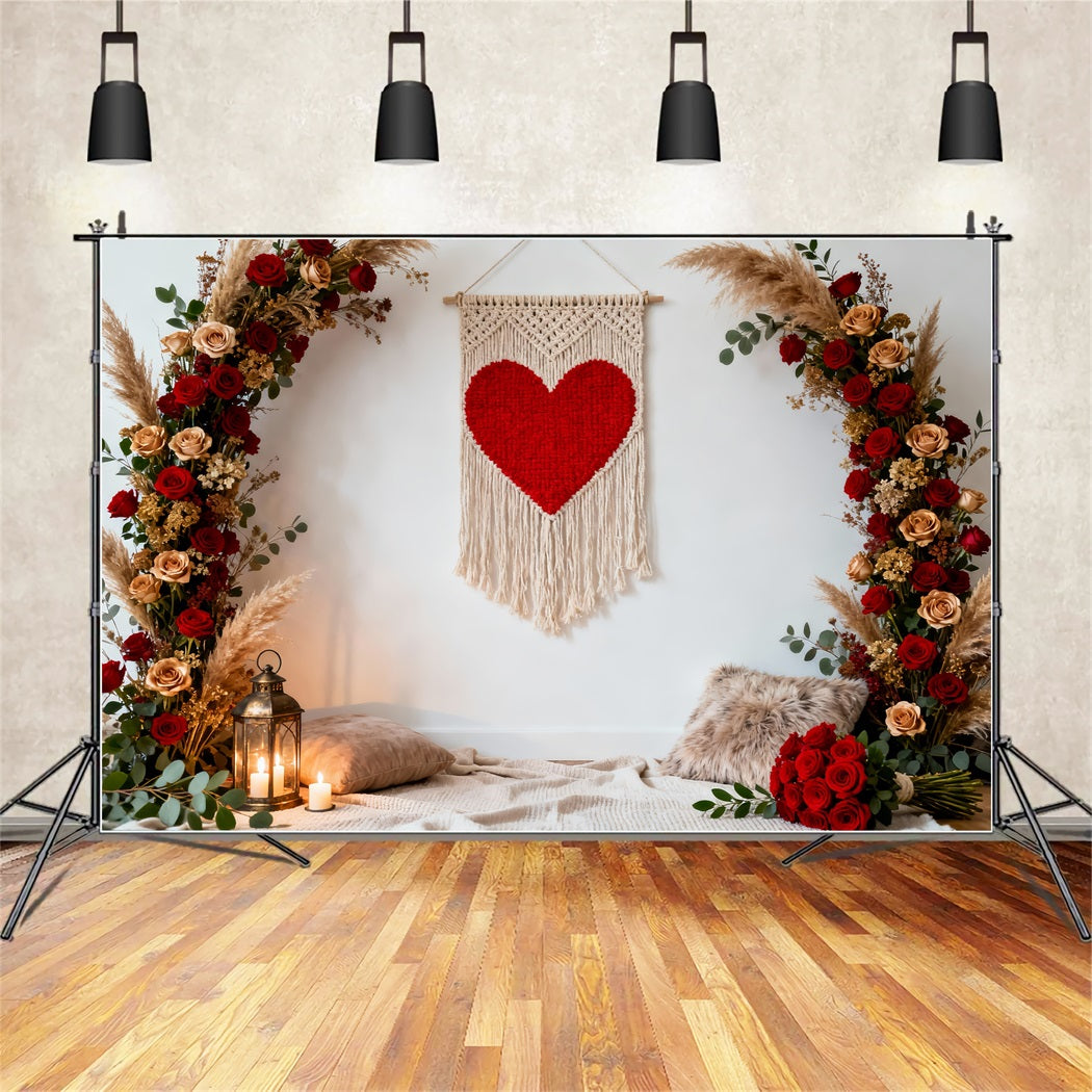 Boho-Blumen-Valentinstag-Hintergrund Makramee-Herz Rosenbogen Liebeshintergründe LXX512-71