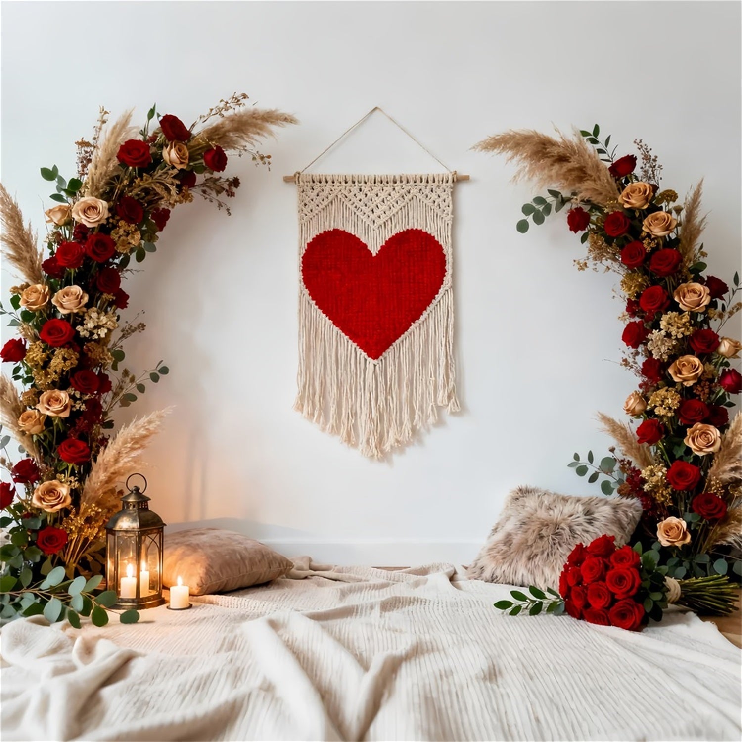 Boho-Blumen-Valentinstag-Hintergrund Makramee-Herz Rosenbogen Liebeshintergründe LXX512-71
