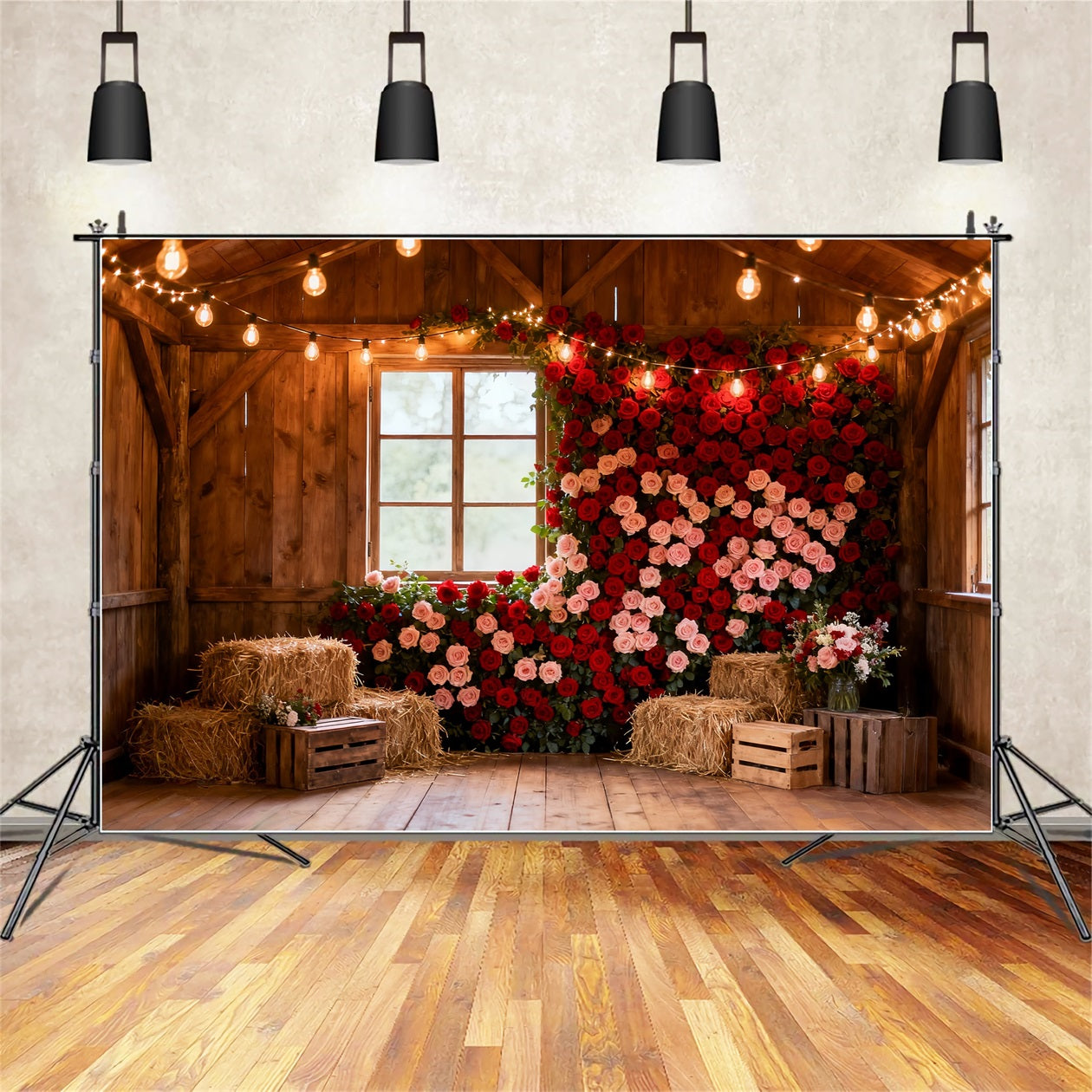 Roter Rosen-Wandhintergrund Rustikaler Bauernhof-Scheune Valentinstag-Hintergrund LXX512-75