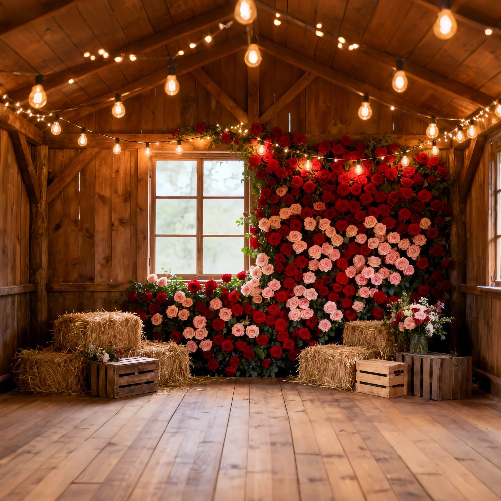 Roter Rosen-Wandhintergrund Rustikaler Bauernhof-Scheune Valentinstag-Hintergrund LXX512-75