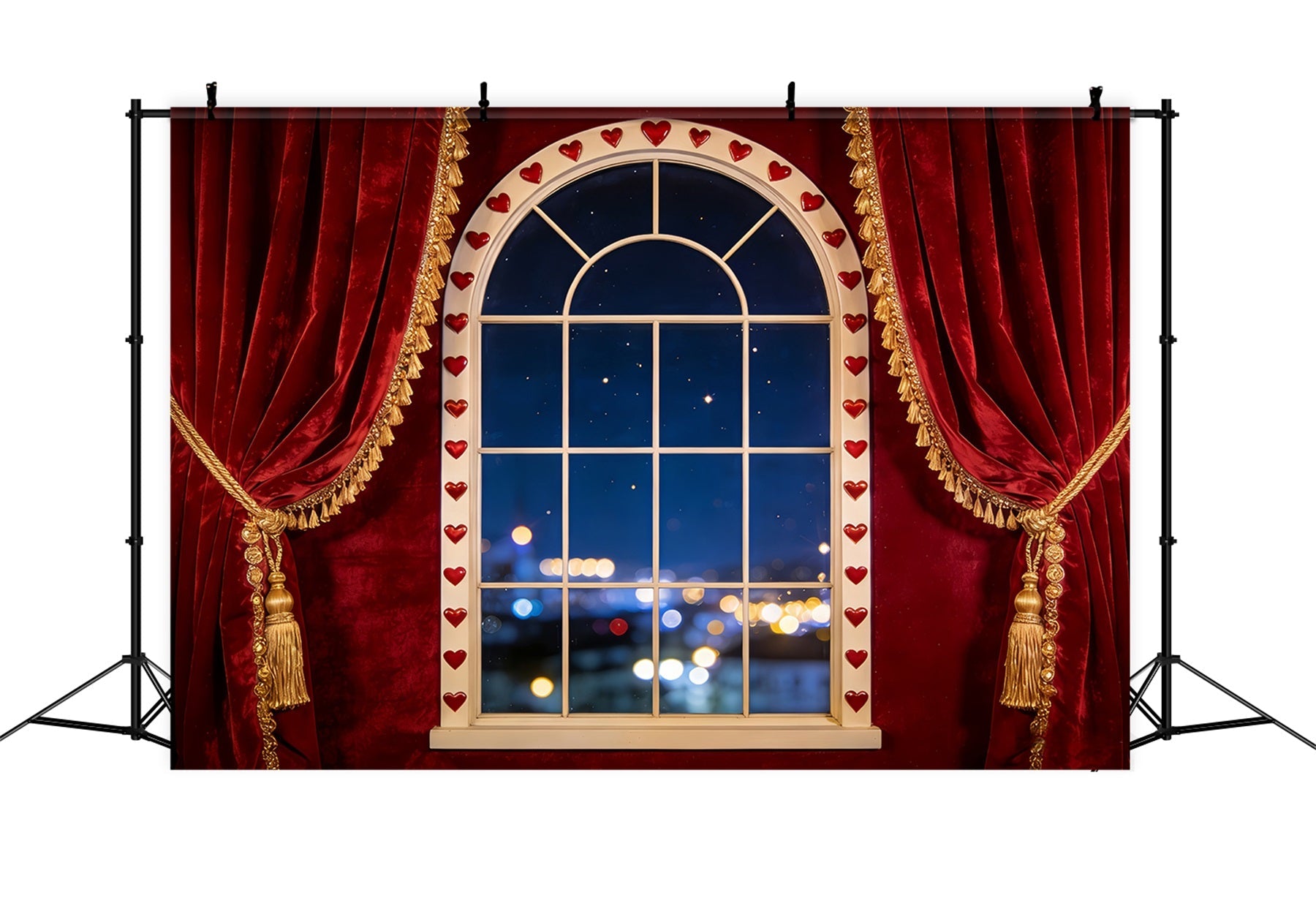 Bokeh-Valentinstag-Hintergrund Samtvorhang Herzfenster Romantische Hintergründe LXX512-76