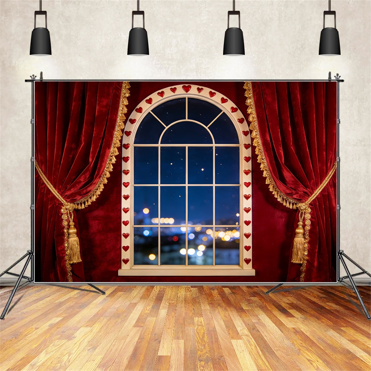 Bokeh-Valentinstag-Hintergrund Samtvorhang Herzfenster Romantische Hintergründe LXX512-76